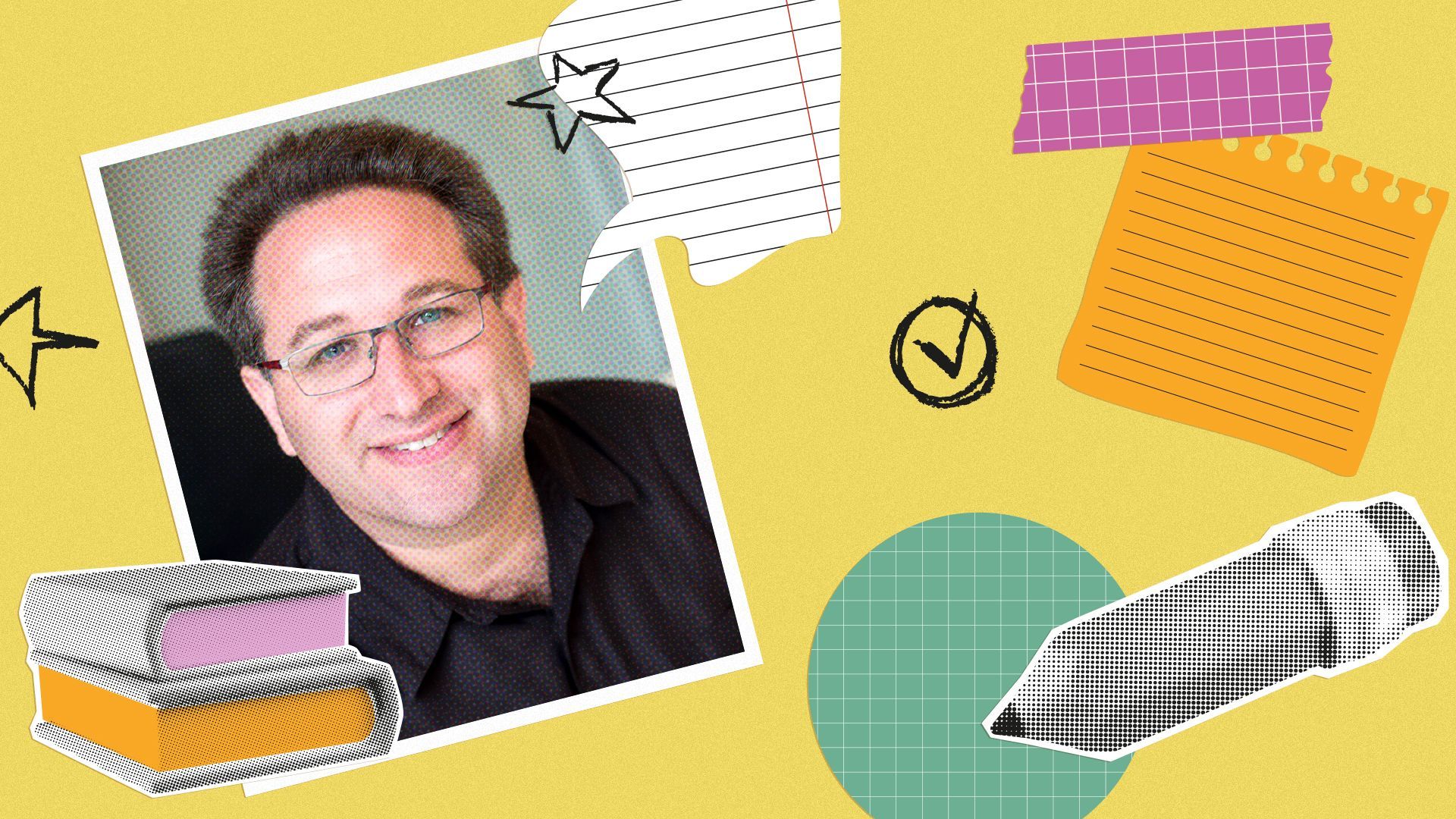 Photo illustration of Scott Aaronson with notebook paper, textbooks and a pencil.