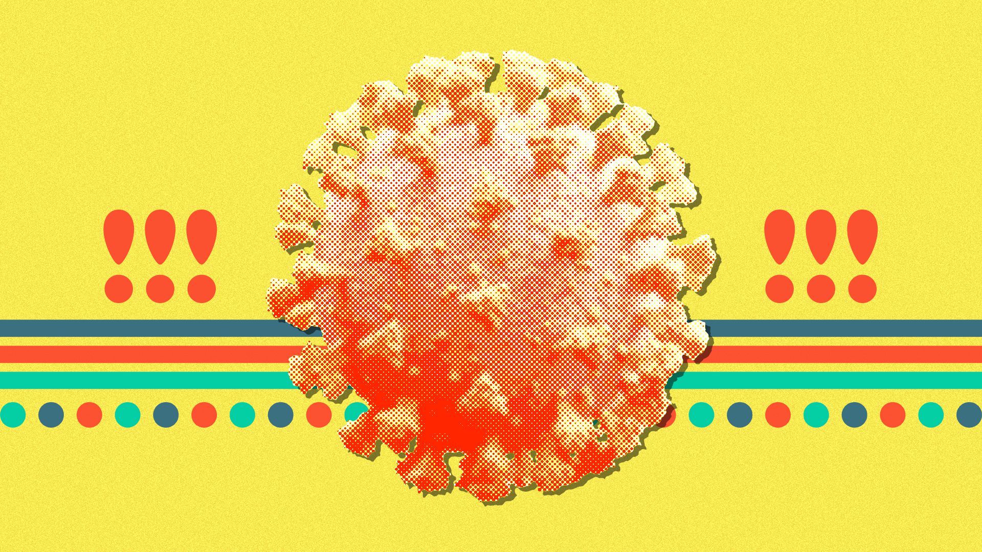 Illustration of a covid particle over a pattern of stripes, dots, and exclamation points.