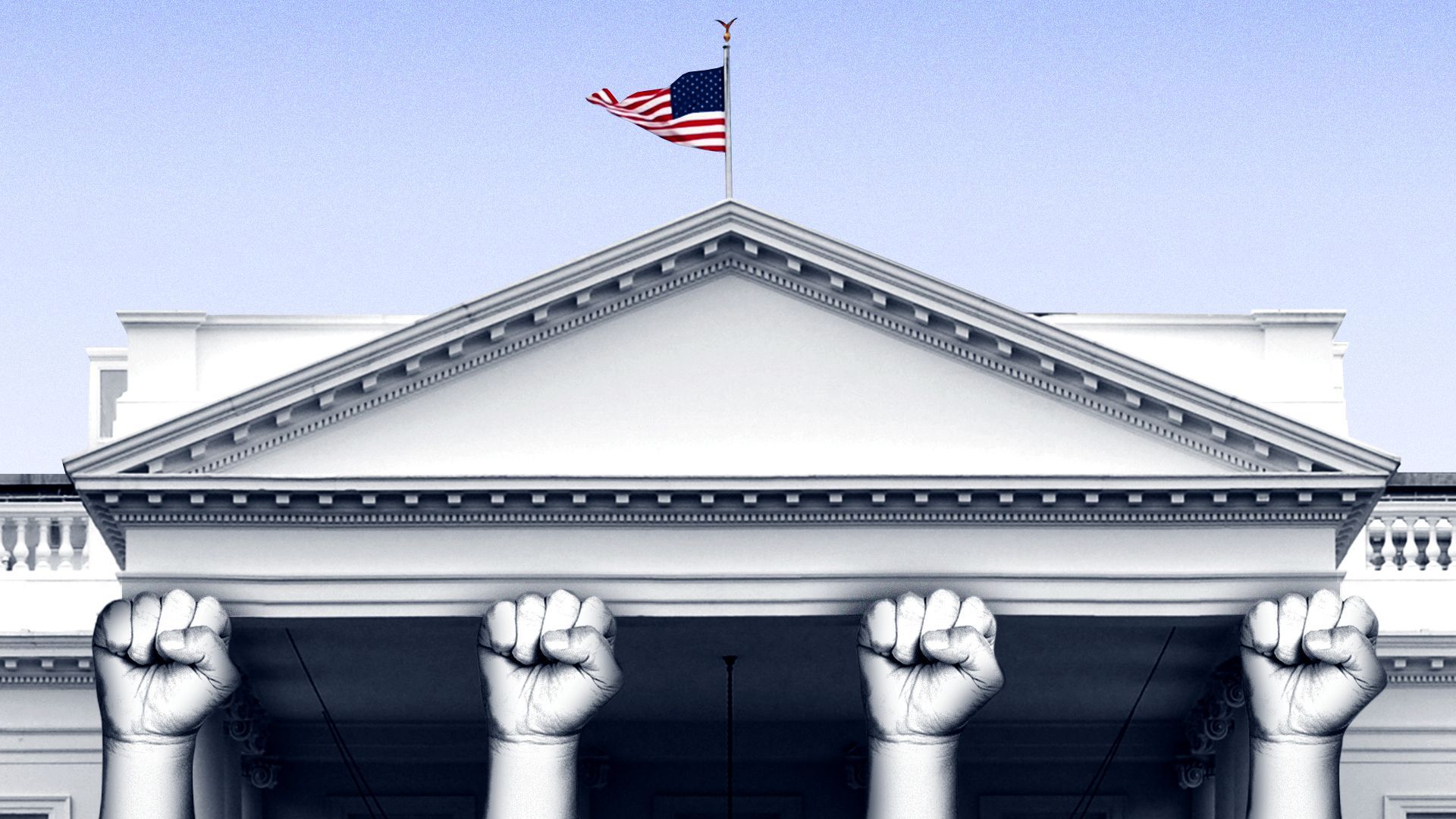 Illustration of the White House with columns shaped like hands in fists