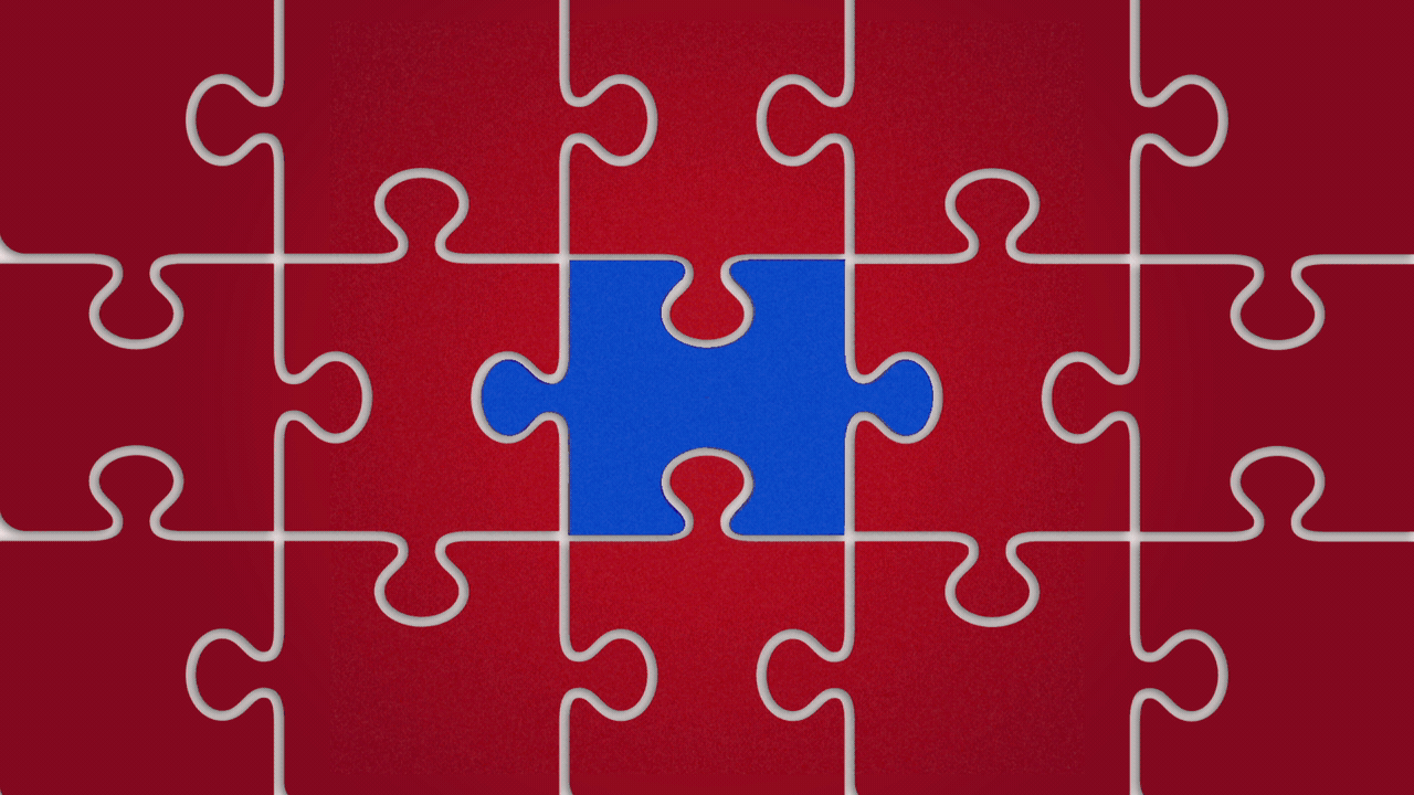 Illustration of a blue puzzle piece, surrounded by red puzzle pieces, flipping over and turning red.