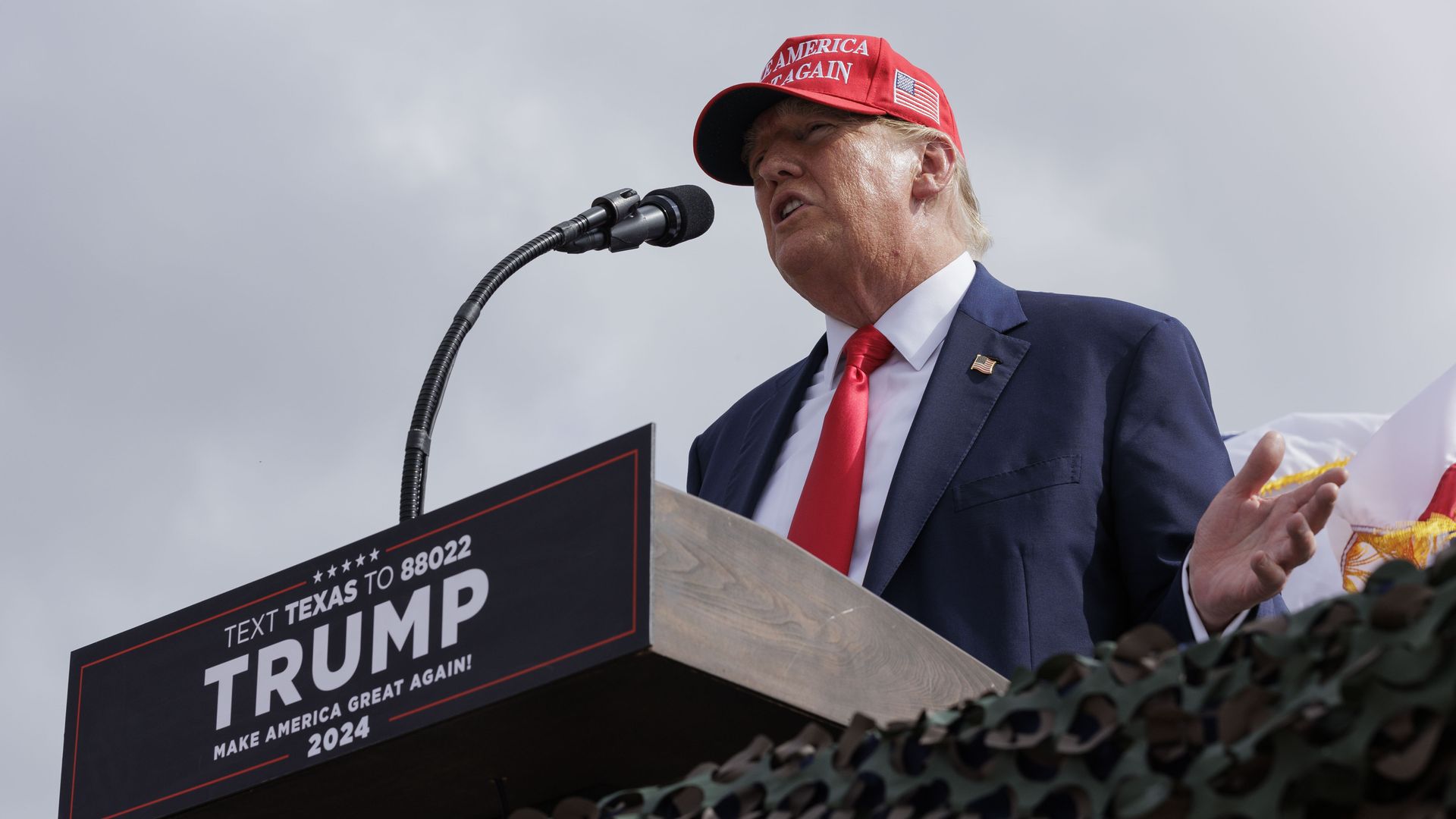 Former President Donald Trump gives remarks at the South Texas International airport on November 19, 2023 in Edinburg, Texas.