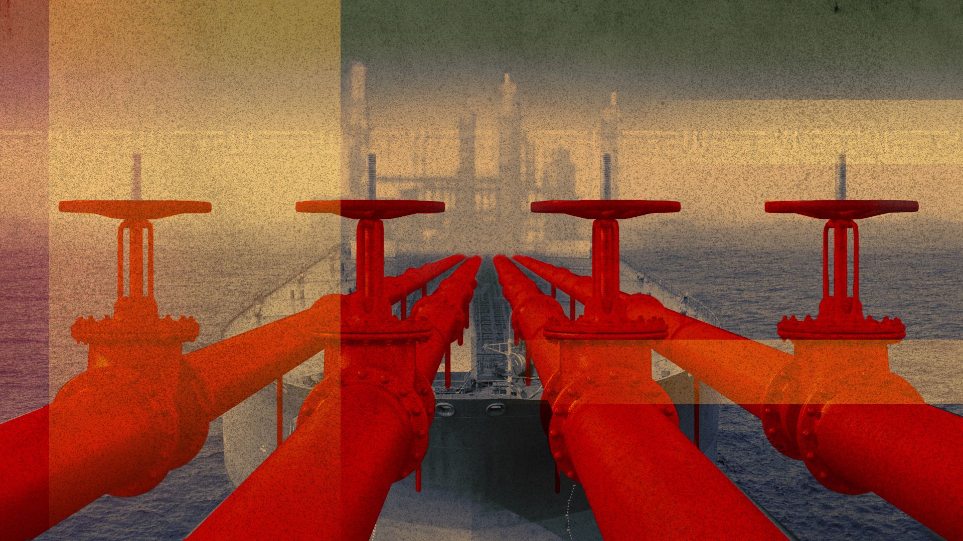 Illustration featuring an oil pipeline, an oil tanker in the ocean, and elements of the Iranian flag