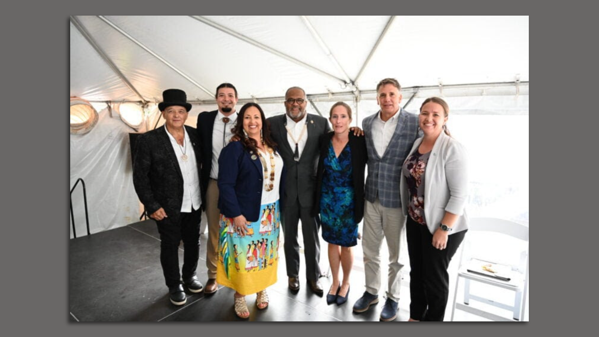 Photo showsGrayhawk Perkins with the United Houma Nation, UHN tribal councilmember Travis Verdin Jr., UHN principal chief Lora Ann Chaisson, Congressman Troy Carter, Heidi Stiller  of NOAA, Andy Kopplin  of the Greater New Orleans Foundation and Renee Collini with The Water Institute.
