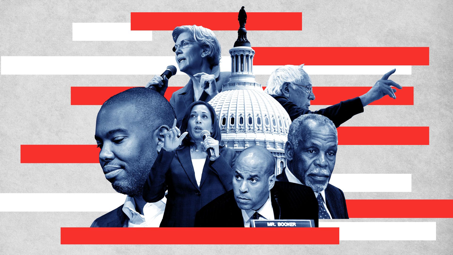 Illustration of Ta-Nehisi Coates, Kamala Harris, Cory Booker, Danny Glover, Bernie Sanders, and Elizabeth Warren around the Capitol Building