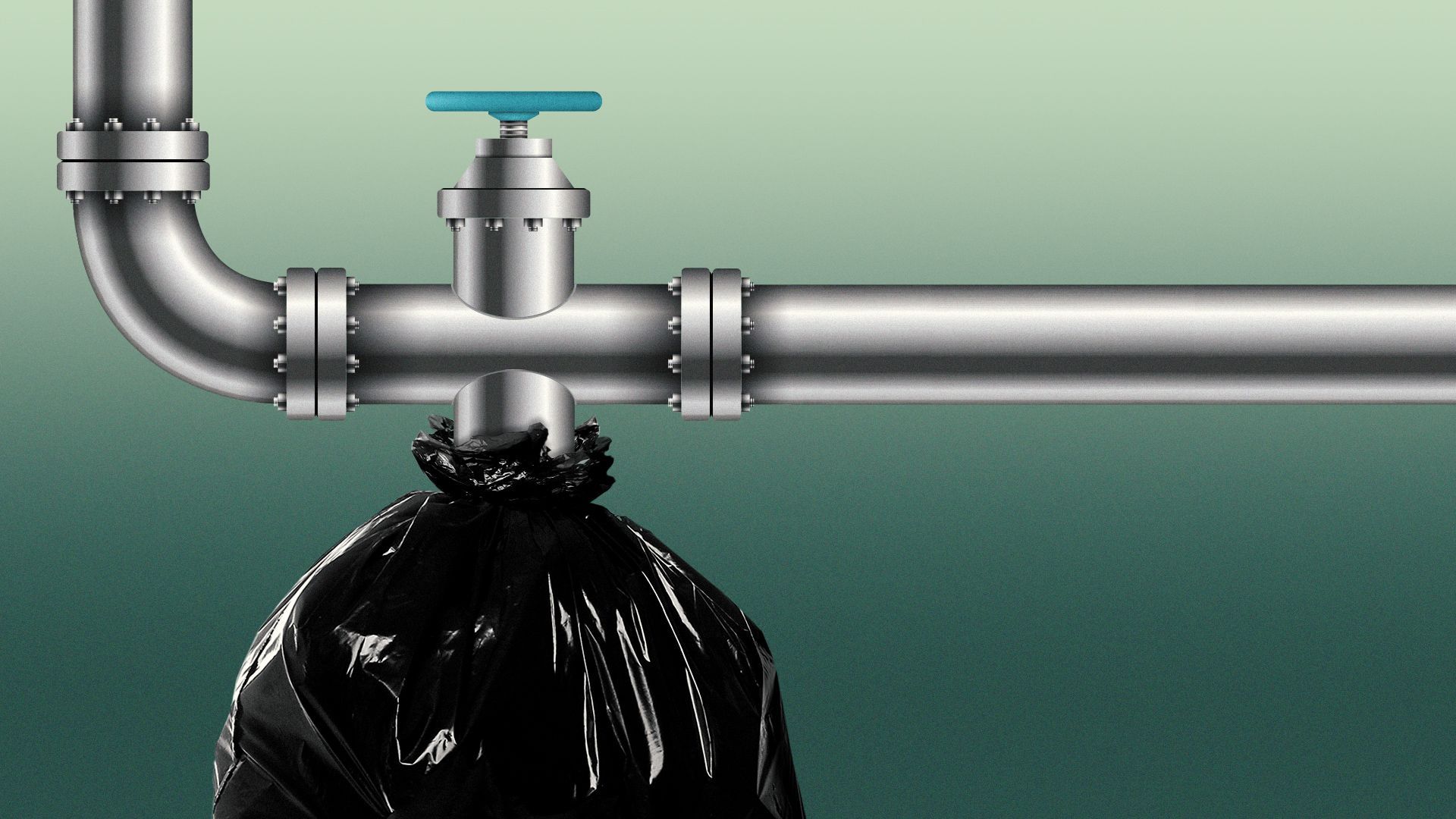 Illustration of a pipeline connected to a black trash bag.
