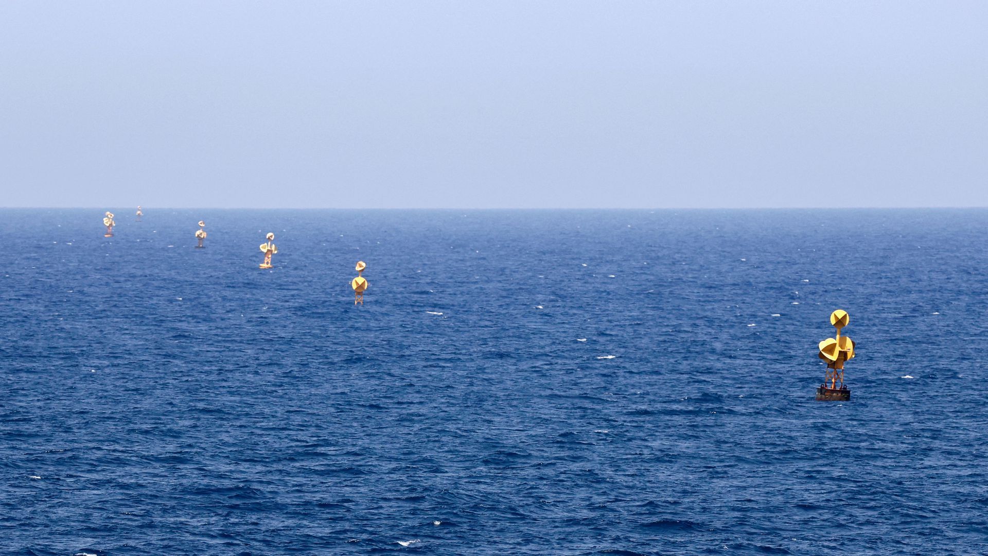 Border-marking buoys in the Mediterranean waters off the coast of Rosh Hanikra, an area between Israel and Lebanon
