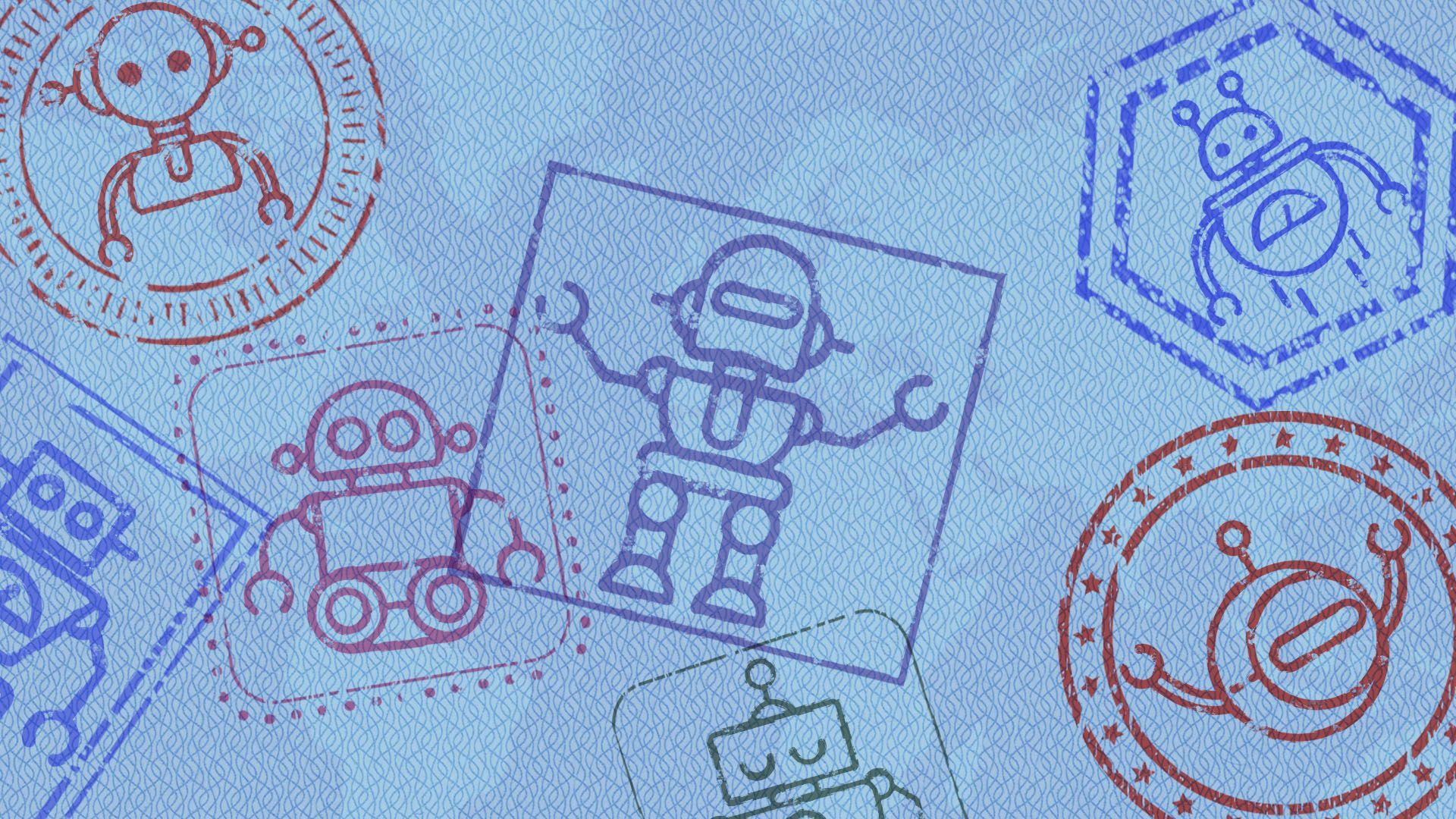 Illustration of a passport page with stamps in the shape of robots