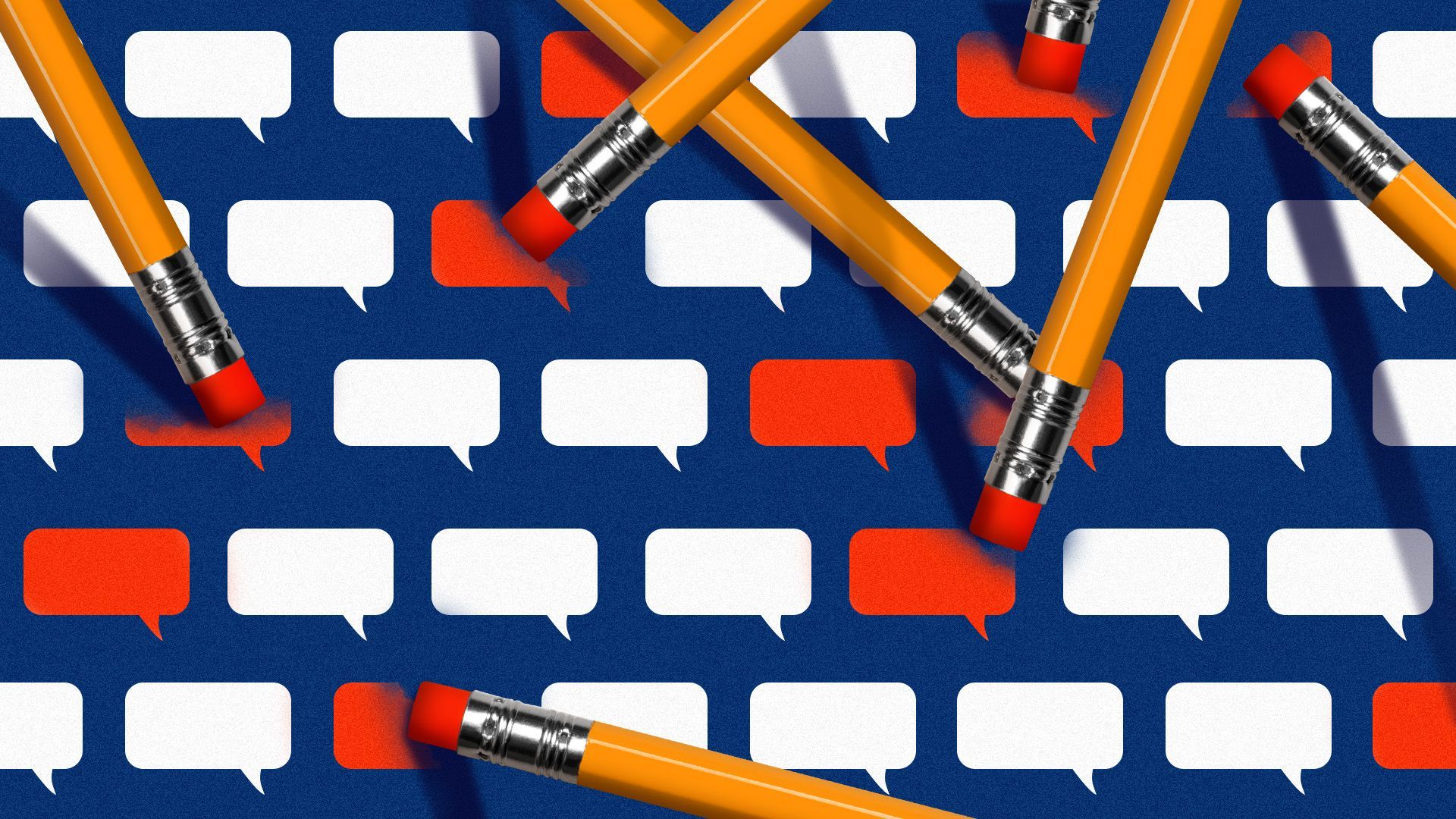 Illustration of multiple pencils erasing red speech bubbles against a pattern of white speech bubbles