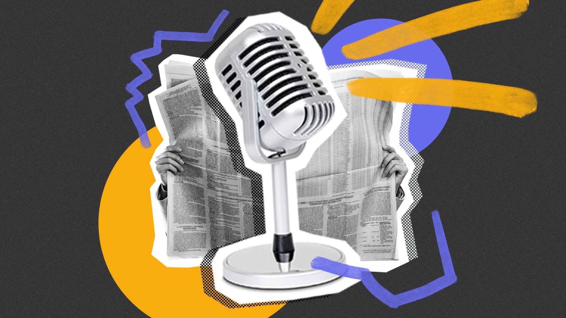 Illustrated collage of a person reading a newspaper and a microphone.