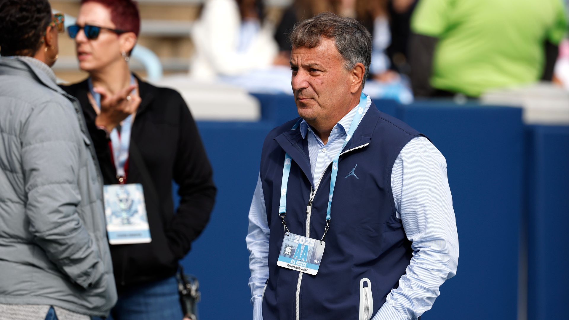 CHAPEL HILL, NORTH CAROLINA - OCTOBER 25: General manager Michael Lombardi of the North Carolina Tar Heels looks on prior to the game against the Virginia Cavaliers at Kenan Memorial Stadium on October 25, 2025 in Chapel Hill, North Carolina. (Photo by Lance King/Getty Images)

