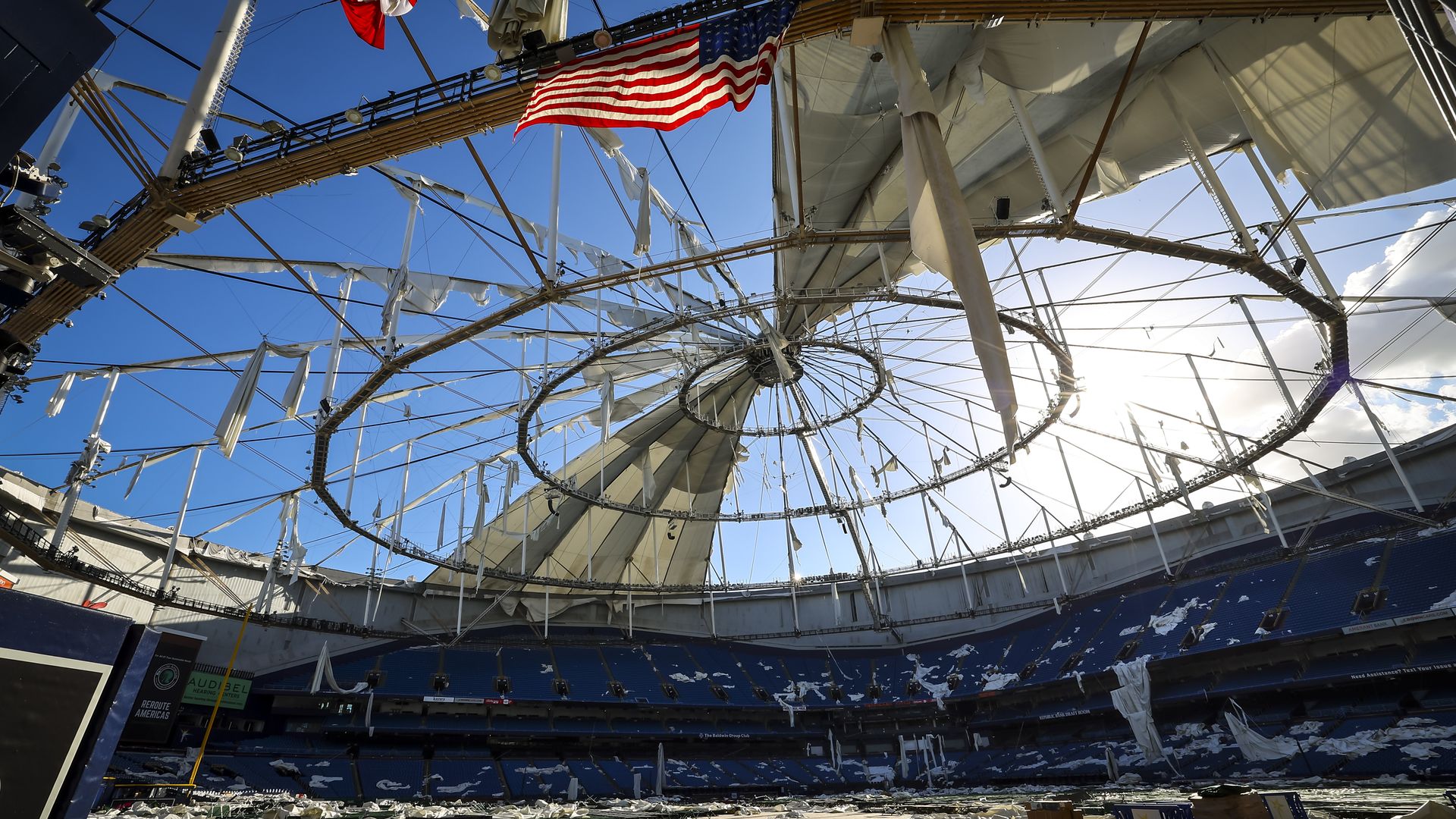 An interior view of Tropicana Field's wrecked roof, which was torn apart by Hurricane Milton.