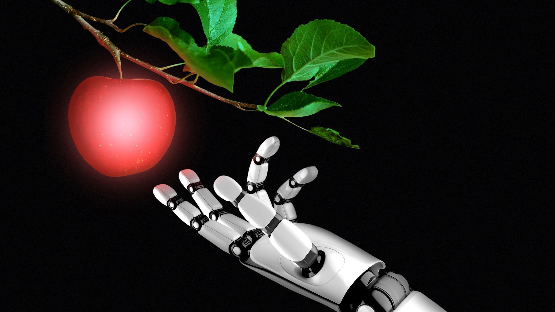 Illustration of a robot hand reaching out for a glowing apple hanging from a tree branch. 