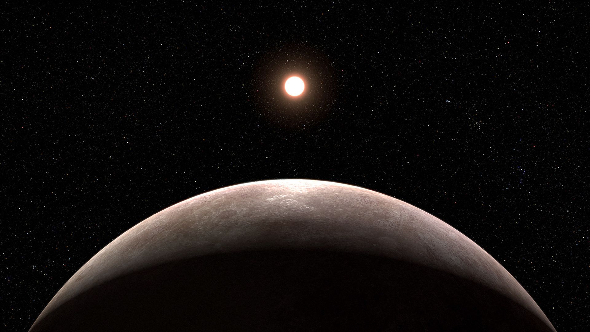 Artist's illustration of a planet rising with its bright, red star in the background