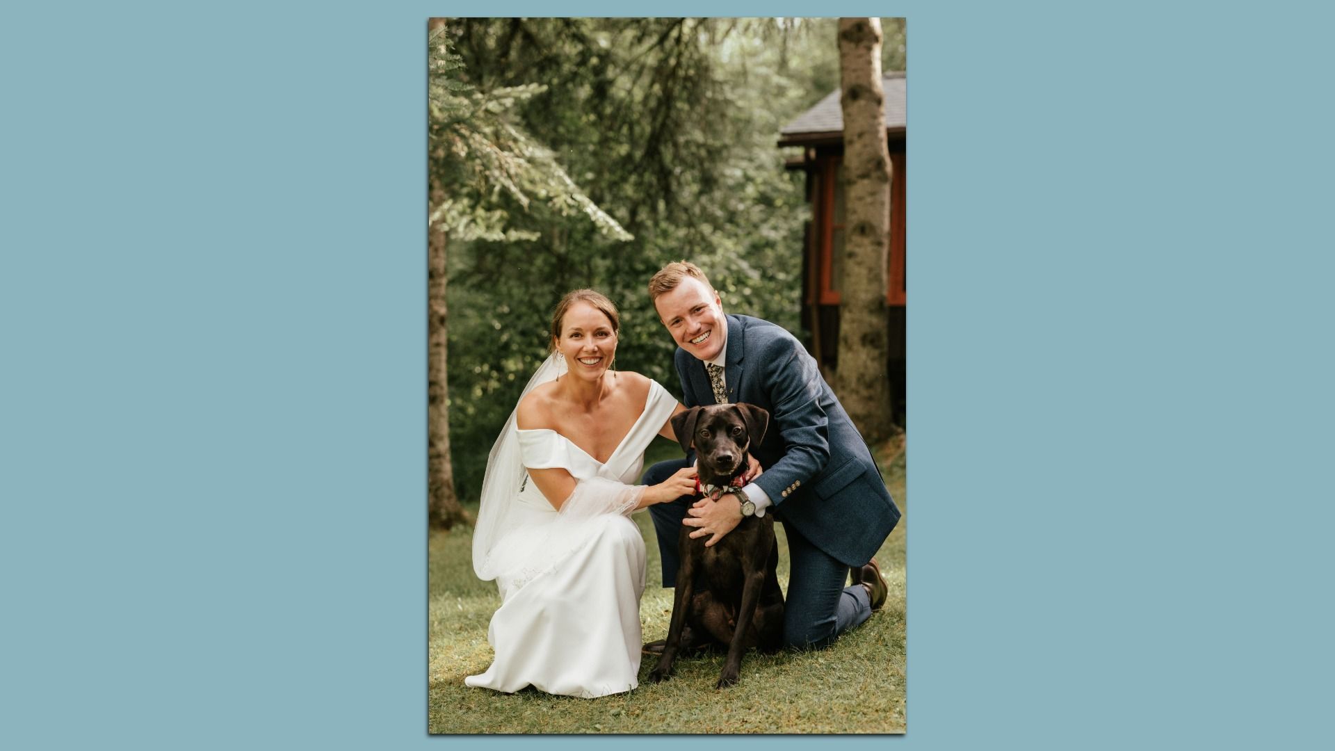 wife and man with dog on wedding day