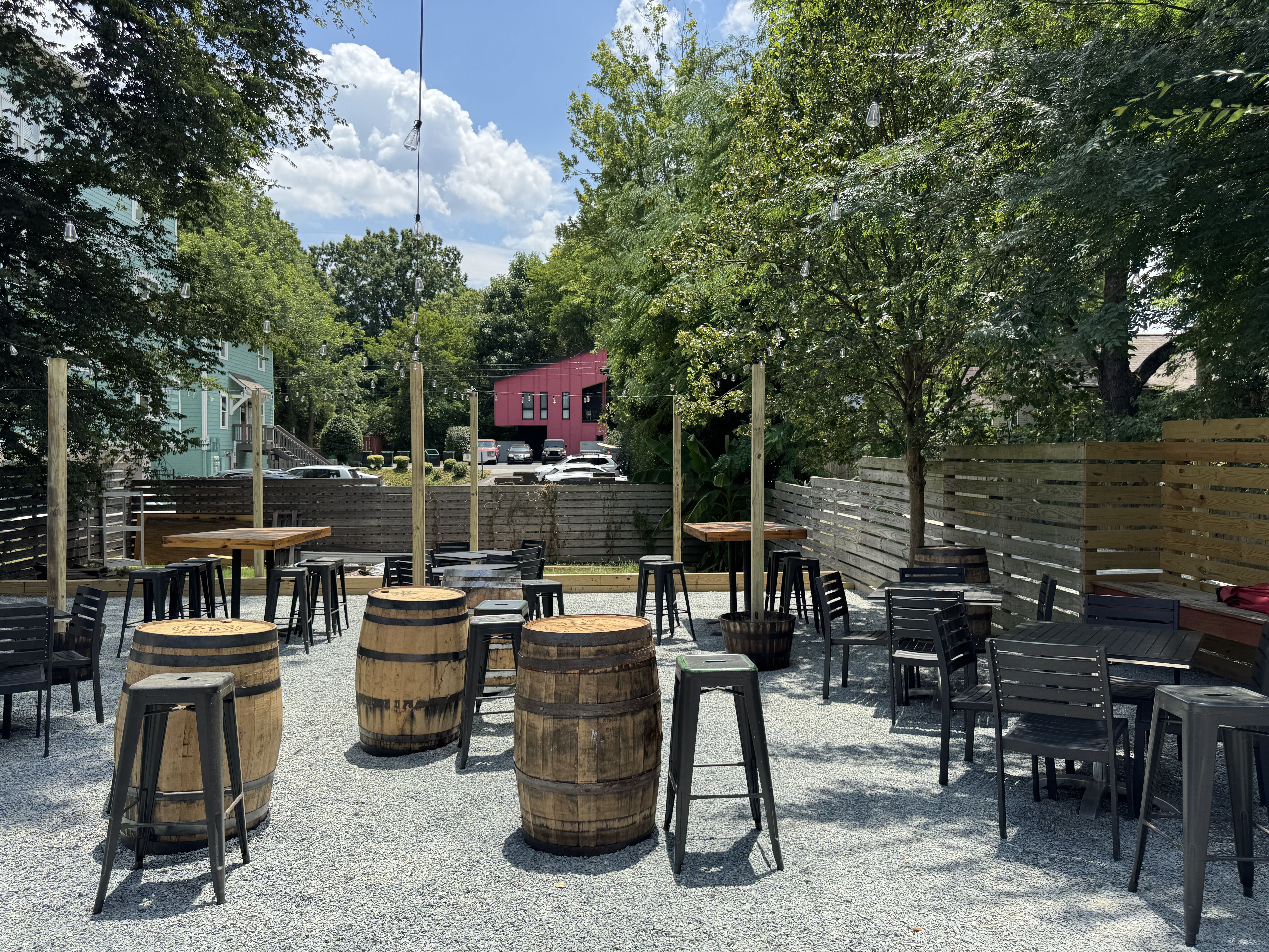 outdoor patio with booth seating and barrel tables