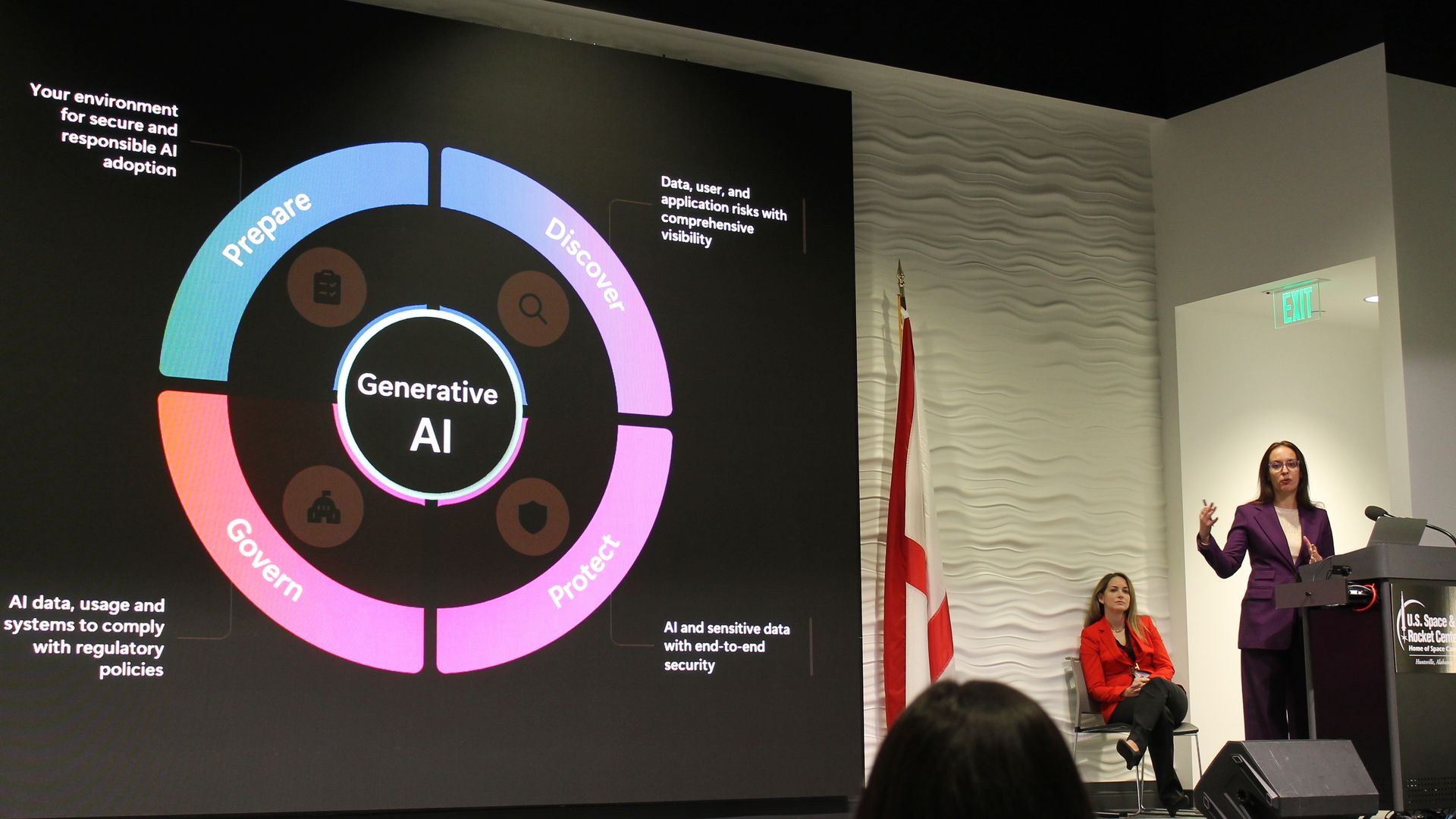 A woman in a purple suit presents on stage with a large screen showing a colorful diagram about Generative AI, featuring sections Prepare, Discover, Govern, Protect and related text.