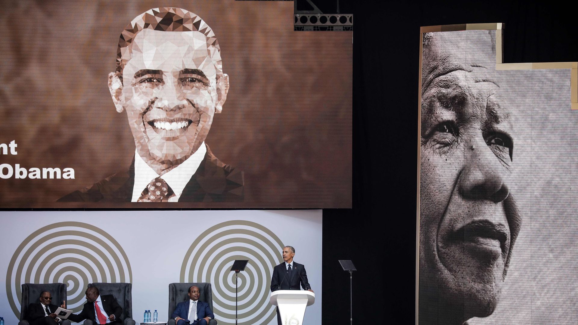 Obama giving a speech on Mandela's 100th birthday