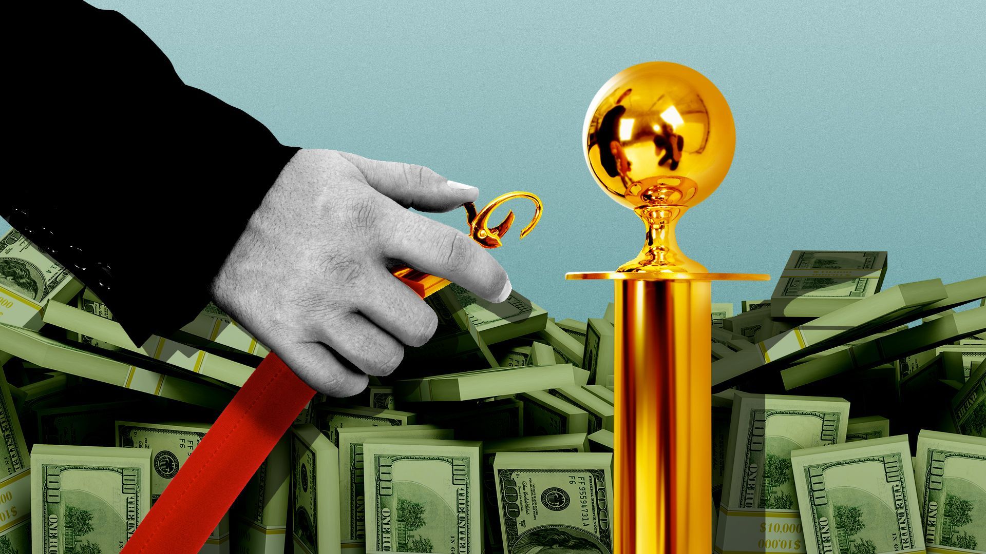Illustration of a hand fastening a velvet rope in front of a pile of money. 