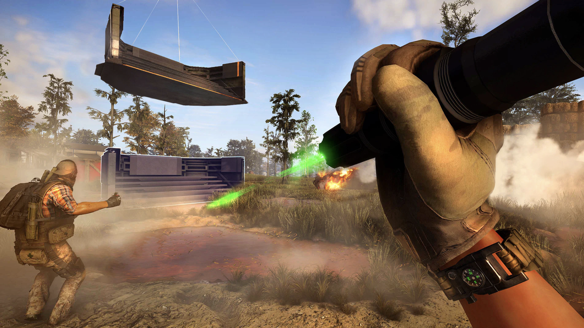 Video game screenshot showing a first person perspective of soldiers running toward an air-dropped box