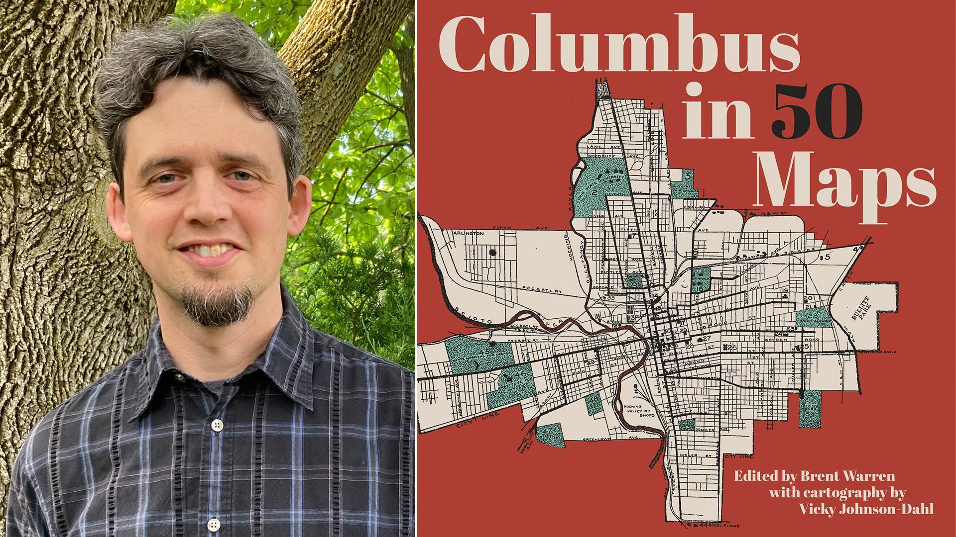 Smiling man with curly hair and goatee stands beside large tree. Next to him is a red book cover titled "Columbus in 50 Maps" showing a detailed city map in beige and teal.