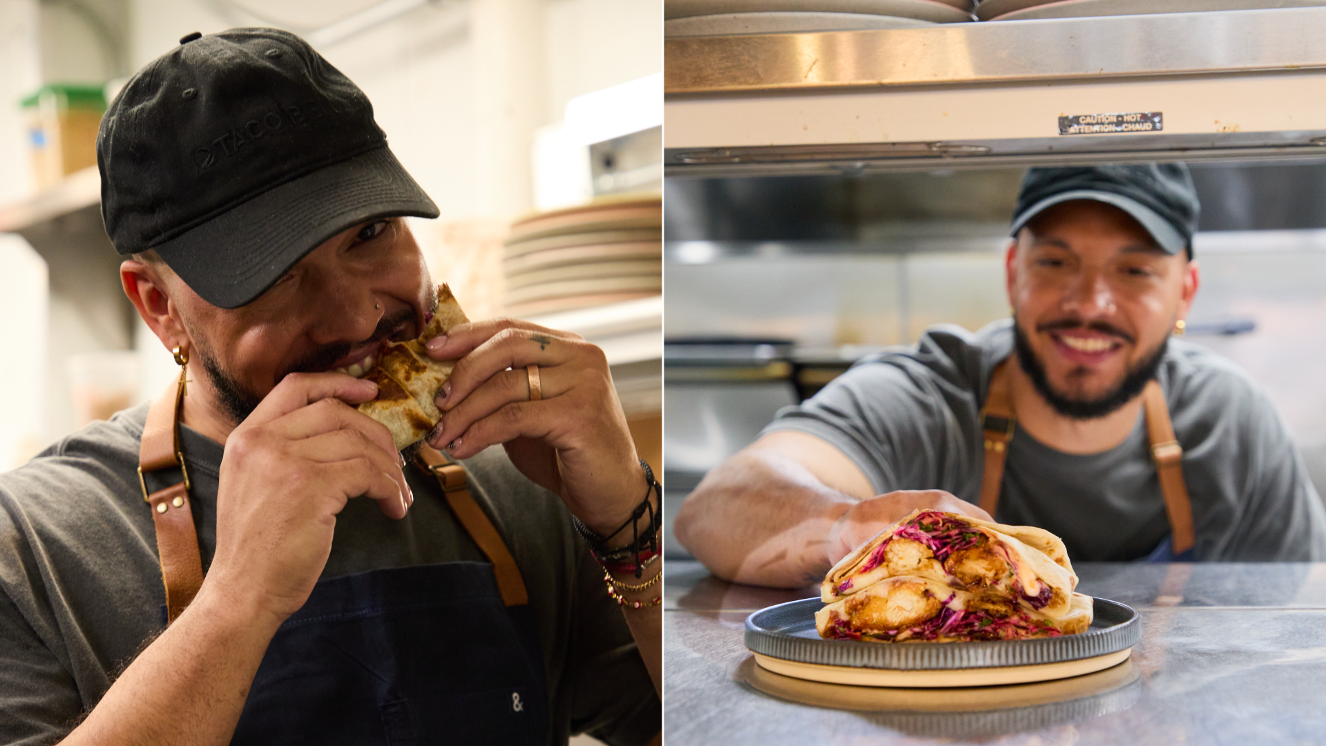 Two photos of a man eating a crunchwrap supreme and showing one in a kitchen.