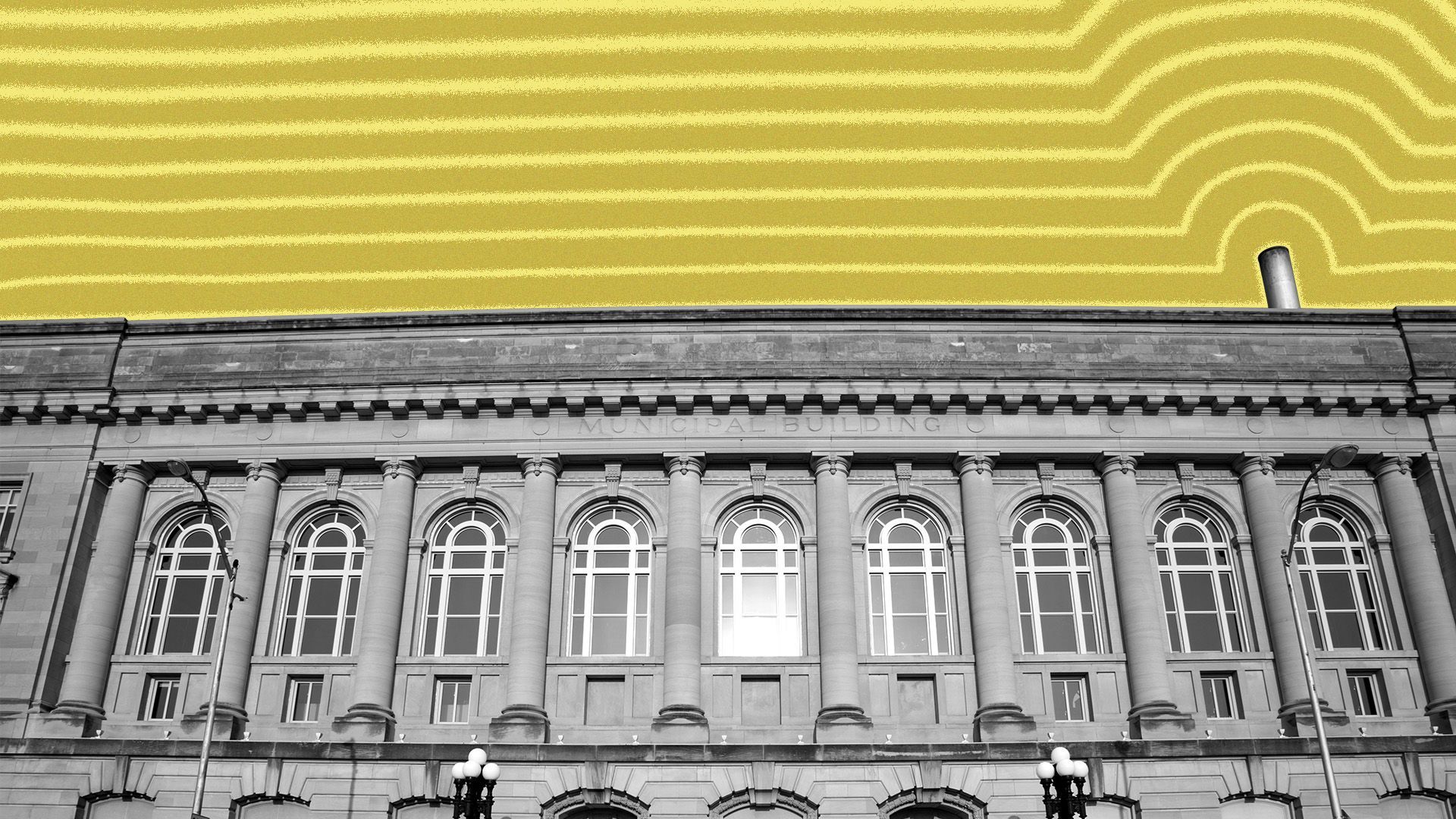 Illustration of Des Moines City Hall with lines radiating from it.