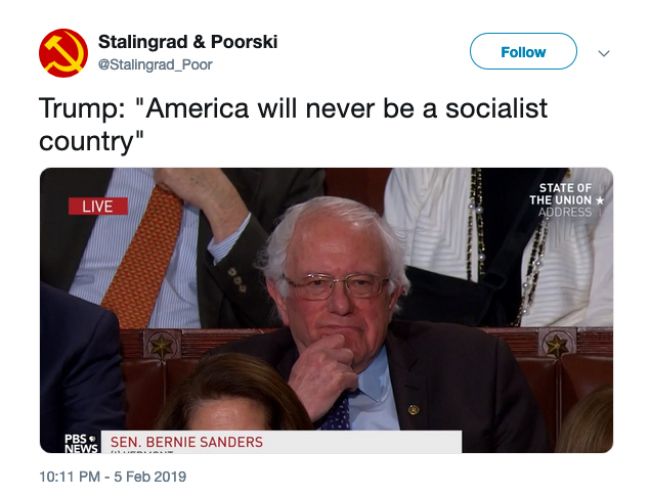 A tweet featuring Sen. Bernie Sanders reacting to President Trump's comments about socialism
