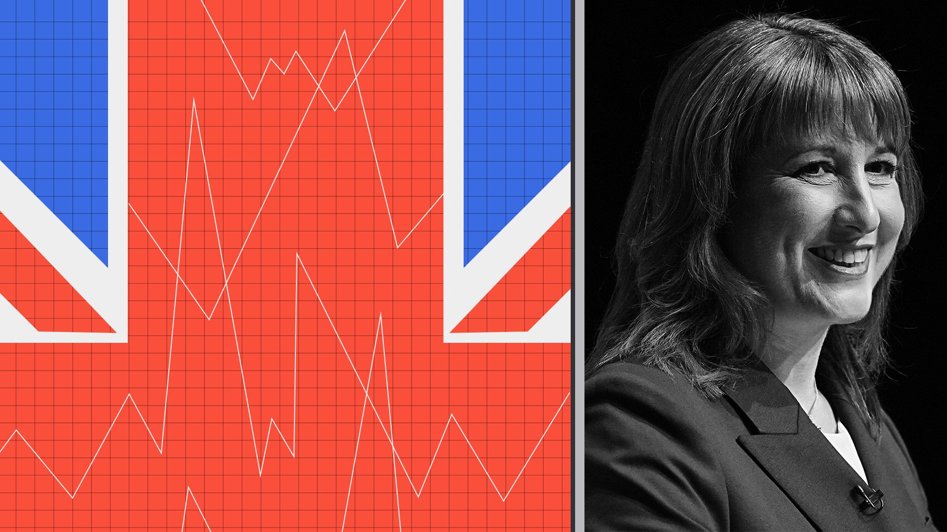 Photo illustration of UK chancellor of the exchequer Rachel Reeves next to an abstract Union Jack. 