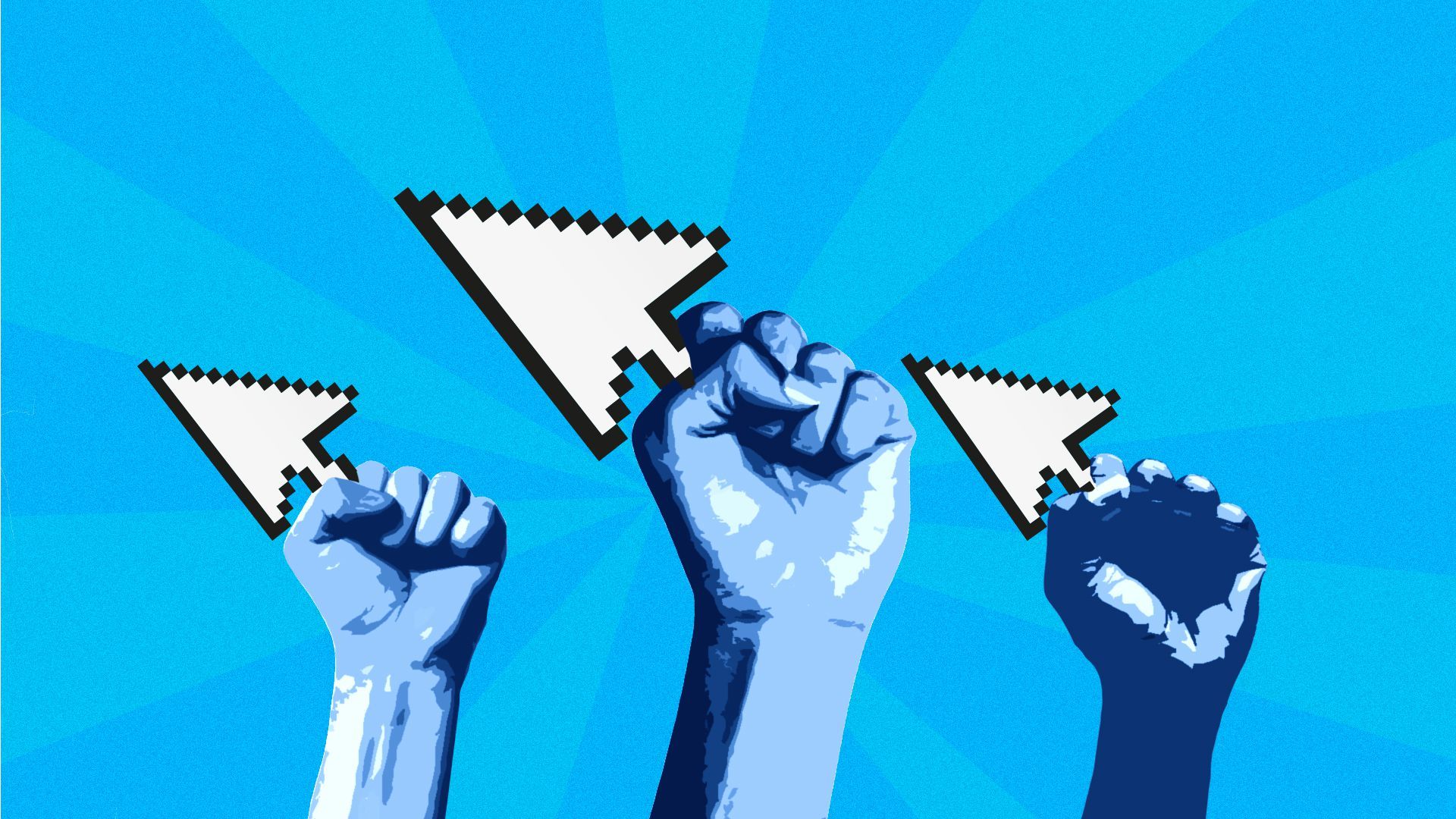 Illustration of three raised fists holding 8-bit cursors