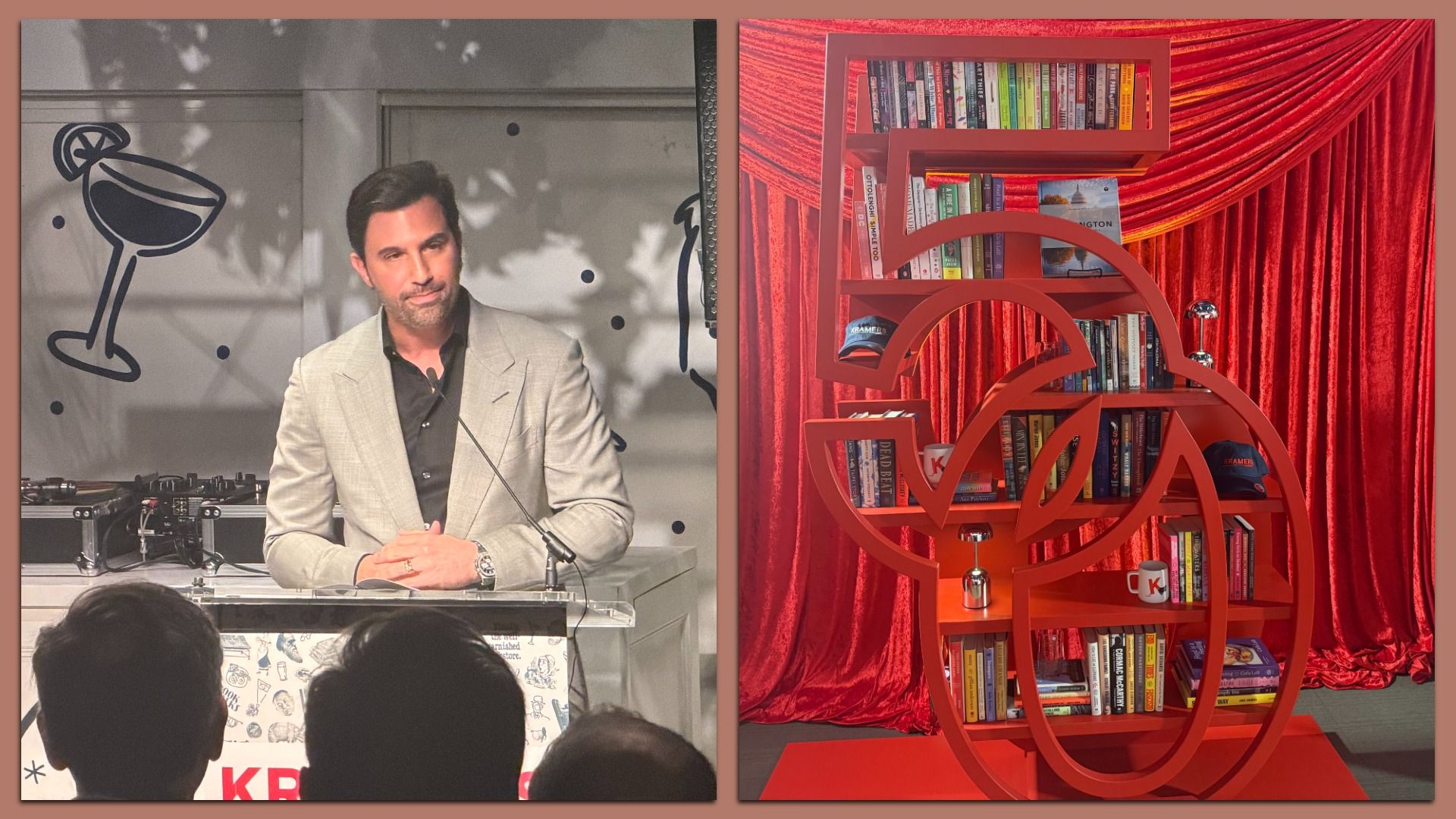 Split image: left shows a man in a light gray suit at a podium with a microphone and DJ gear nearby; right features a red circular bookshelf sculpture with books against a red velvet backdrop.