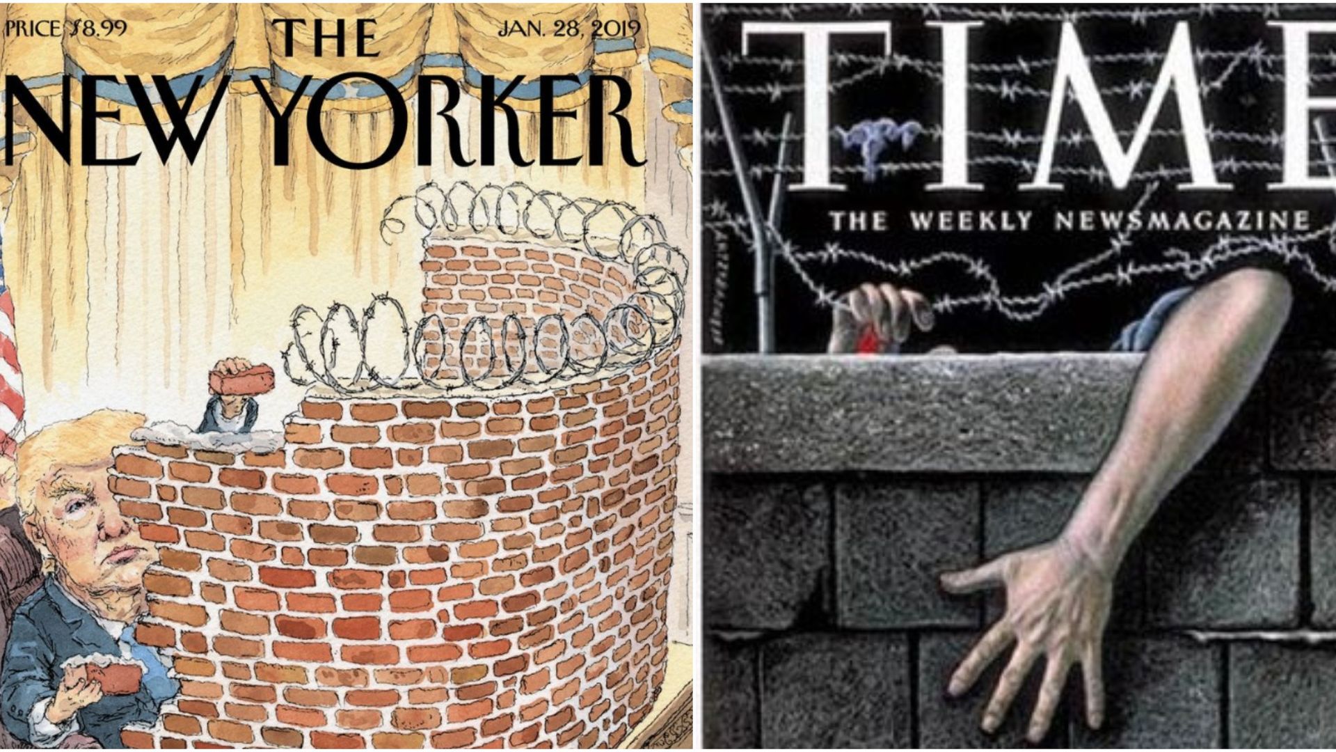 Two illustrated magazine covers, one of Trump building a brick wall at his desk and the other of the Berlin Wall with a hand reaching over the edge of it