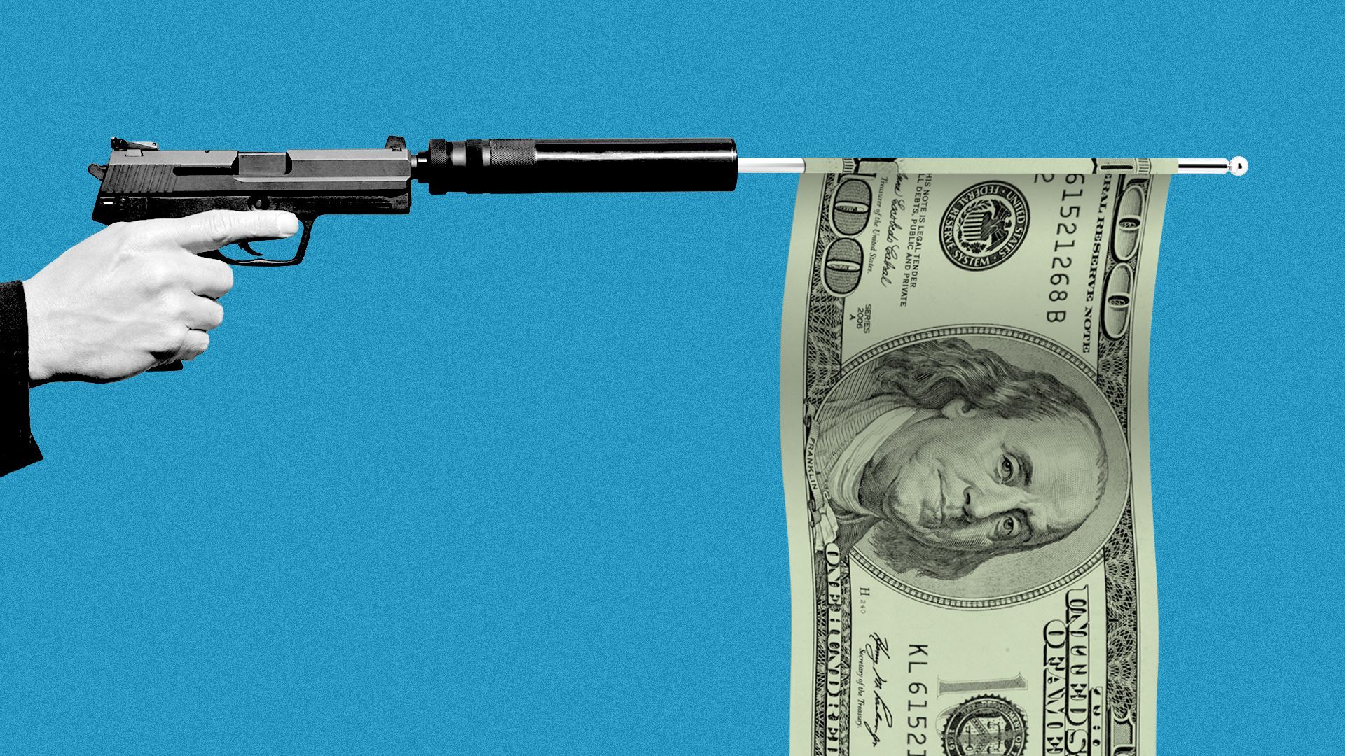 Illustration of a hand pointing a gun with a silencer, which has fired a flag in the form of a hundred-dollar bill.