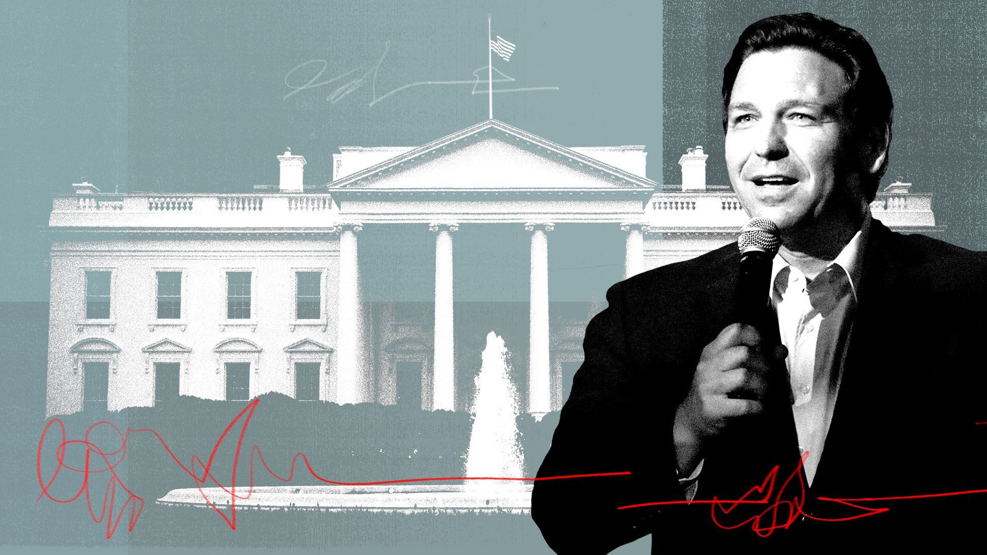 Photo illustration of Ron Desantis, White House and abstract textures.
