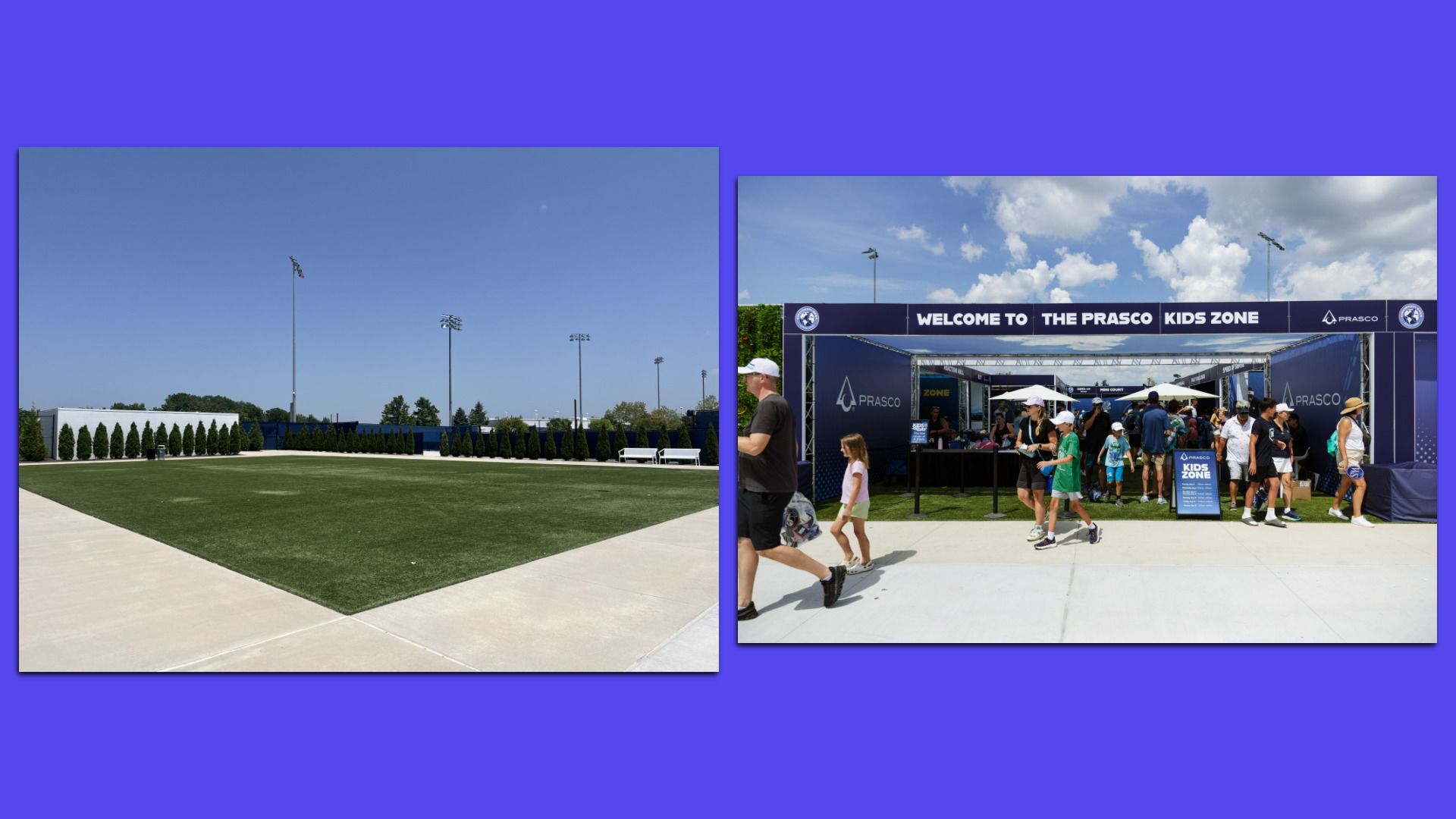 Two outdoor panels: left shows a grassy field with tall light poles and hedges; right shows a blue Prasco Kids Zone booth with people under a banner.