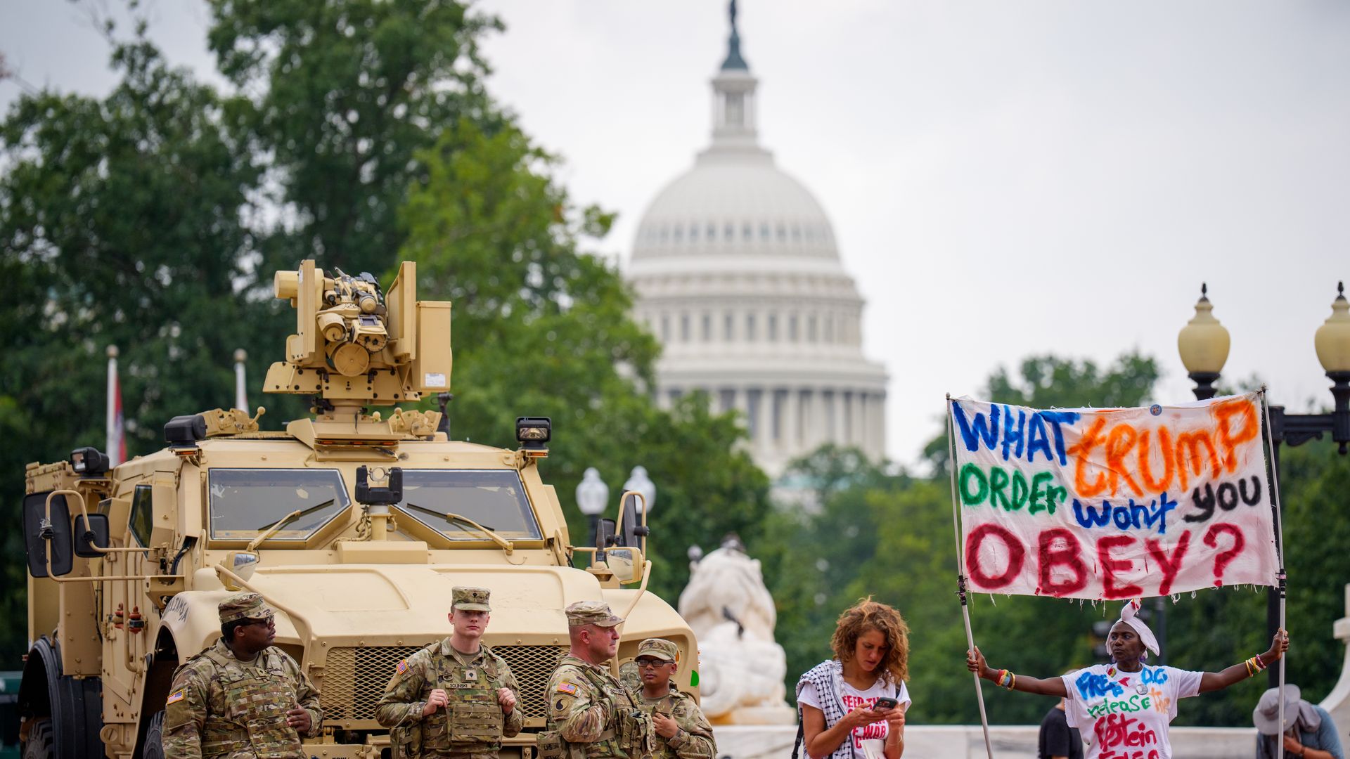 The Dome of the U.S. Capitol Building is visible next to National Guard troops outside Union Station in Washington, DC. Photo: Andrew Harnik/Getty Images