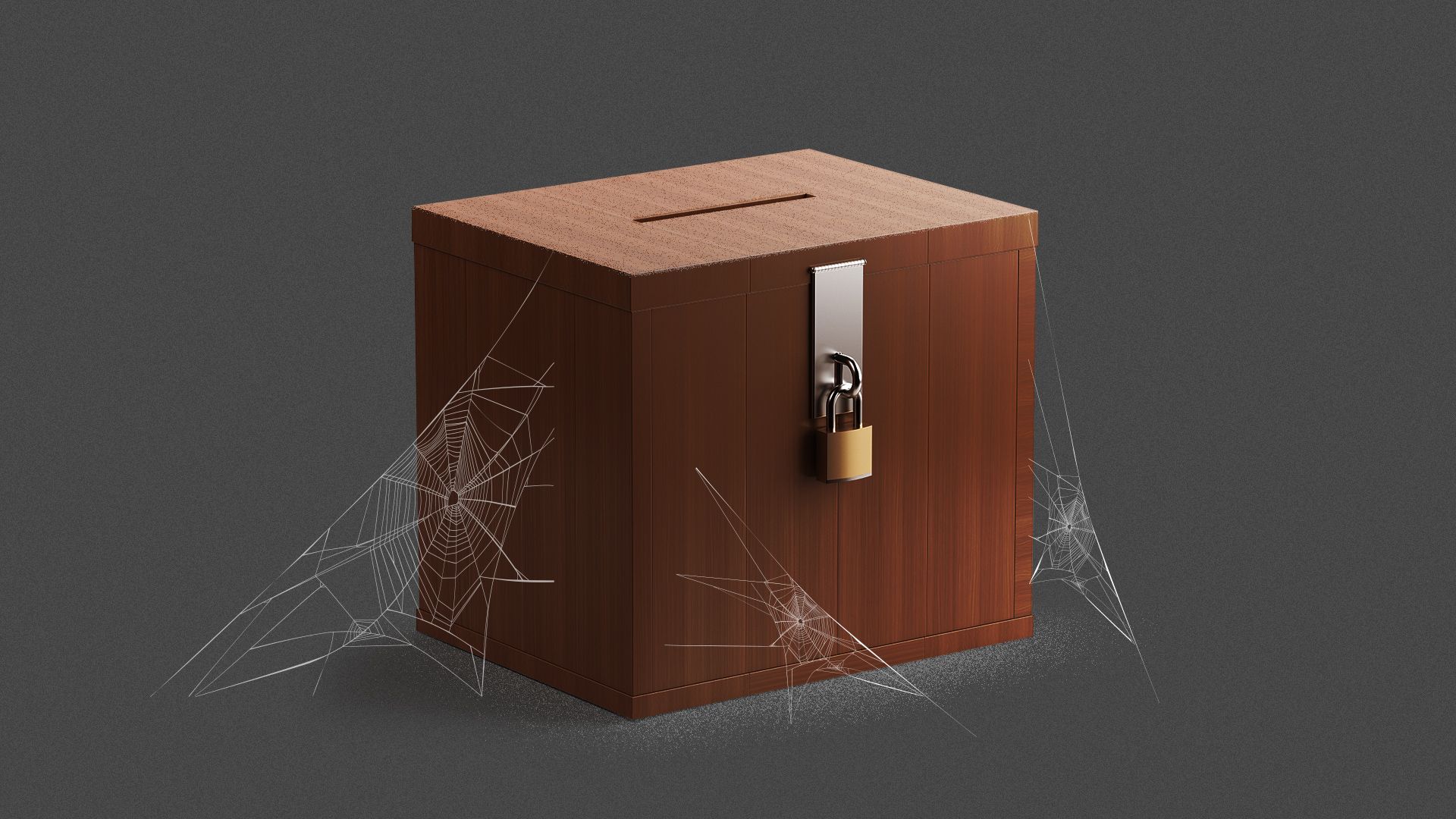 Illustration of a ballot box covered in dust and cobwebs.