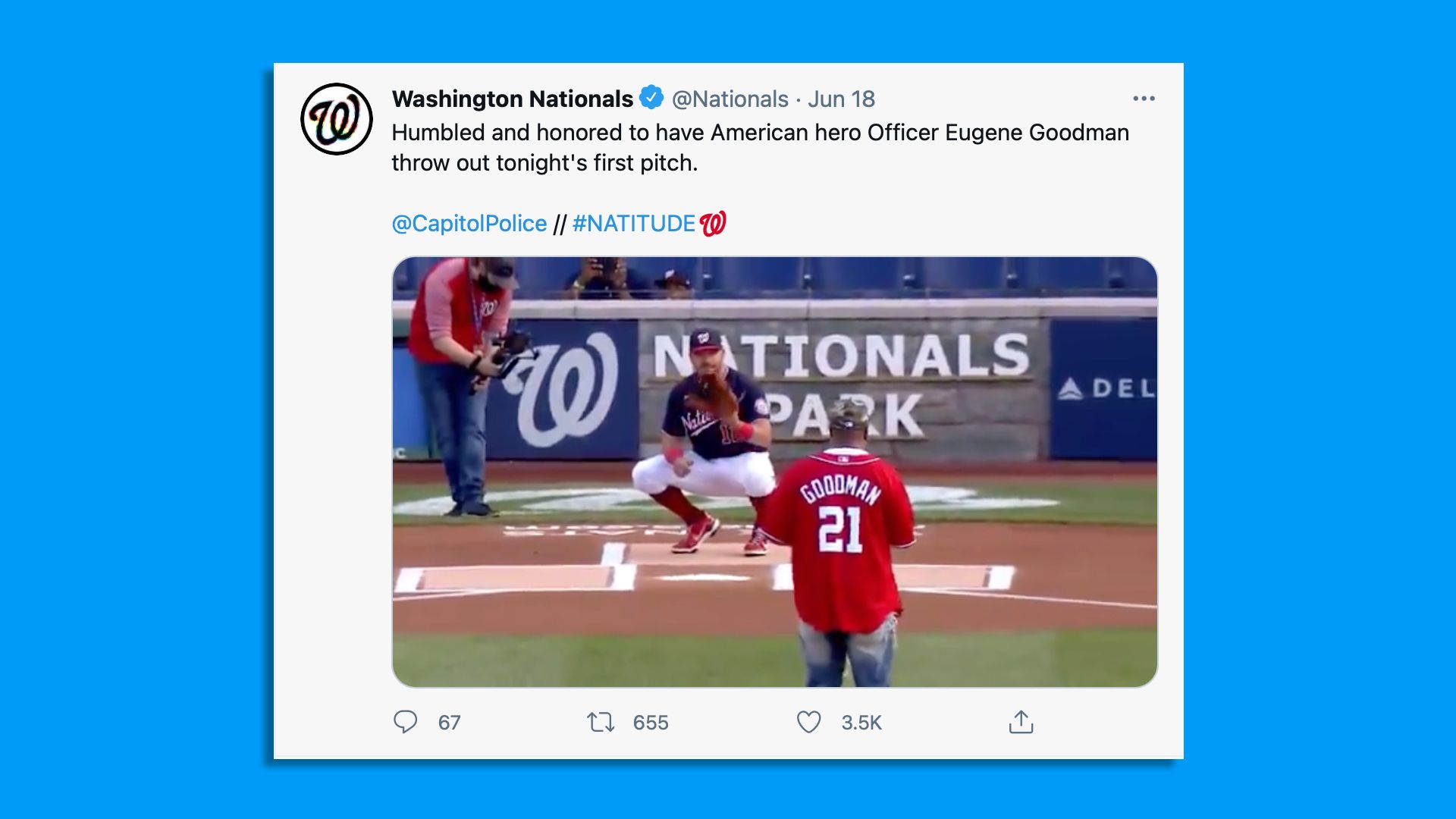 A screenshot shows Capitol Police Officer Eugene Goodman throwing out the first pitch at the Washington Nationals game on Friday.