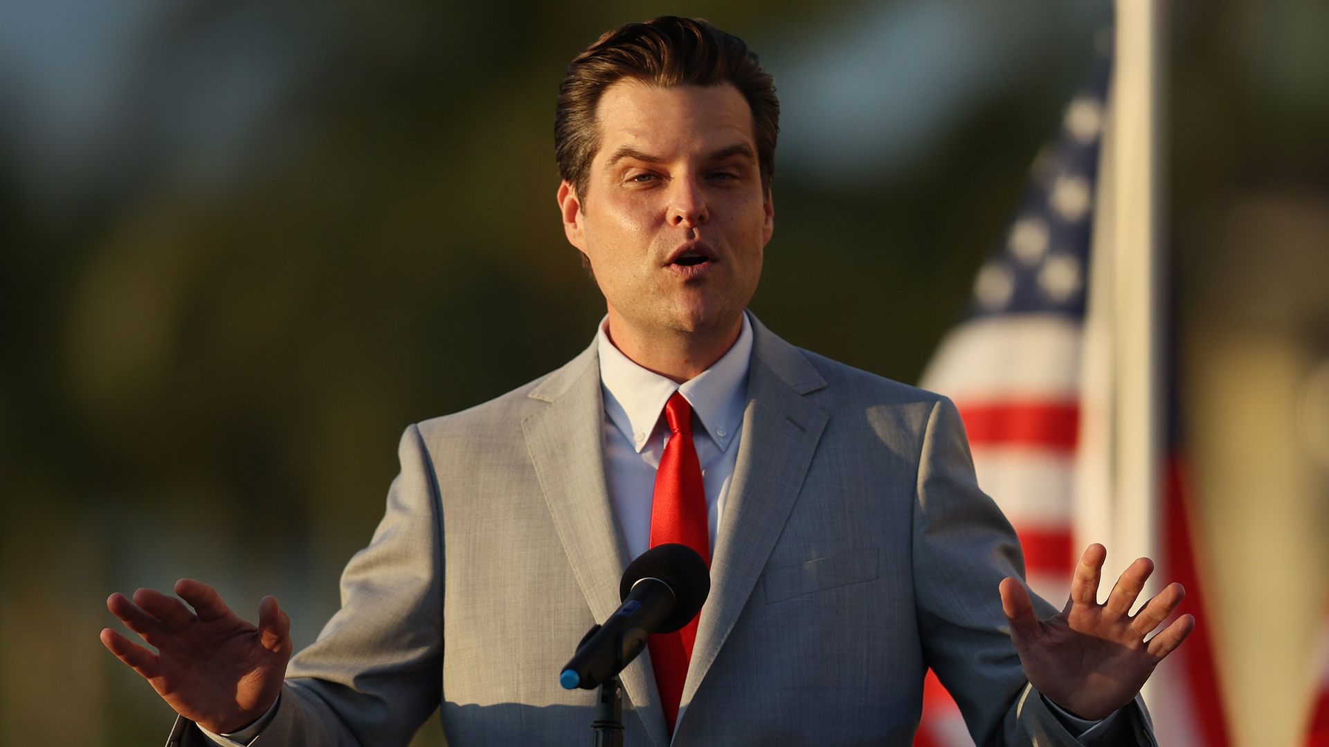 Rep. Matt Gaetz (R-Fl) speaks during the "Save America Summit" at the Trump National Doral golf resort on April 09, 2021 in Doral, Florida.