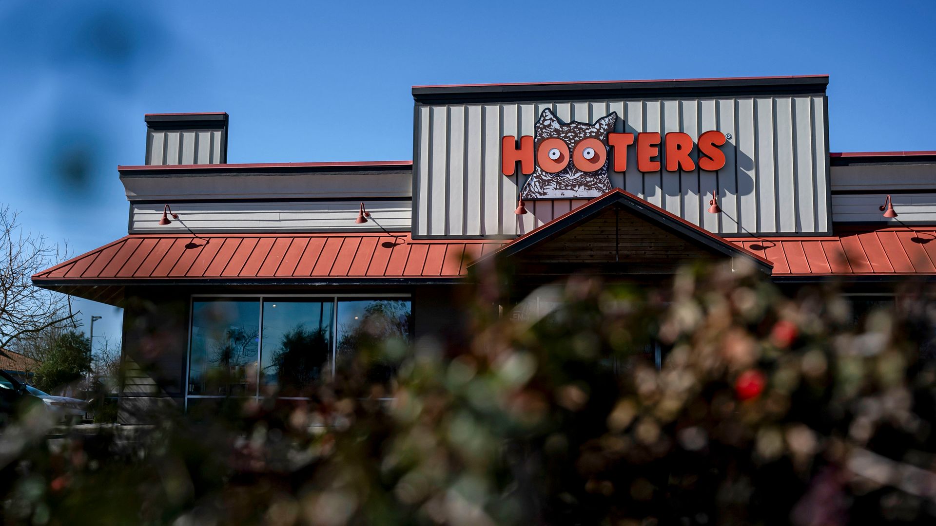 A Hooters restaurant behind a hedge of bushes