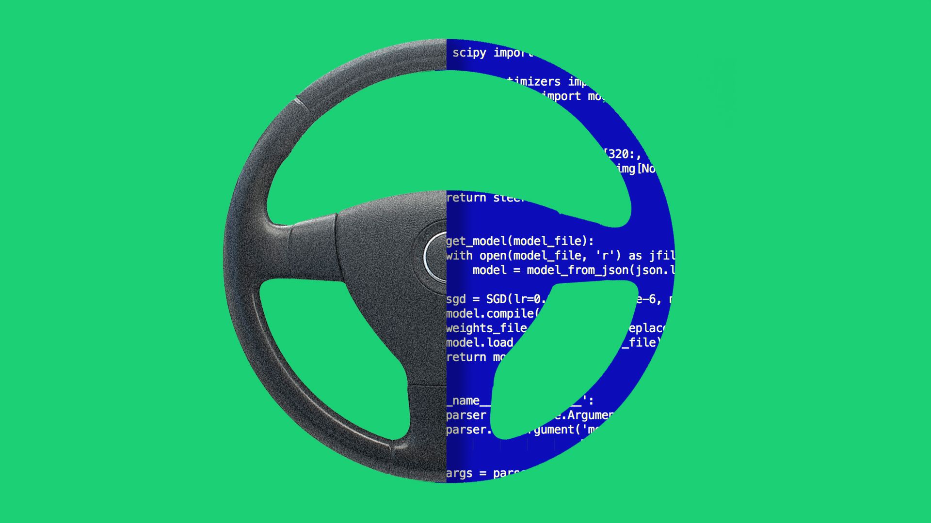 A steering wheel that is split down the middle, showing lines of code in one half