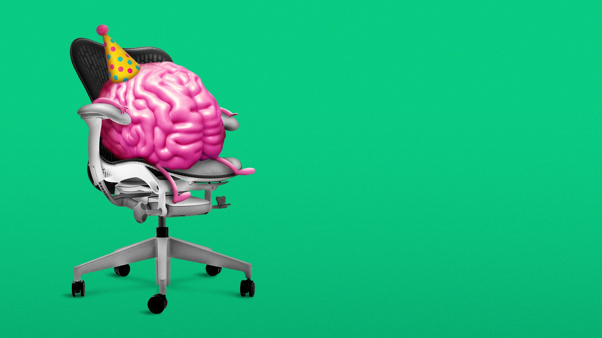 Illustration of a brain sitting in an office chair, wearing a party hat.