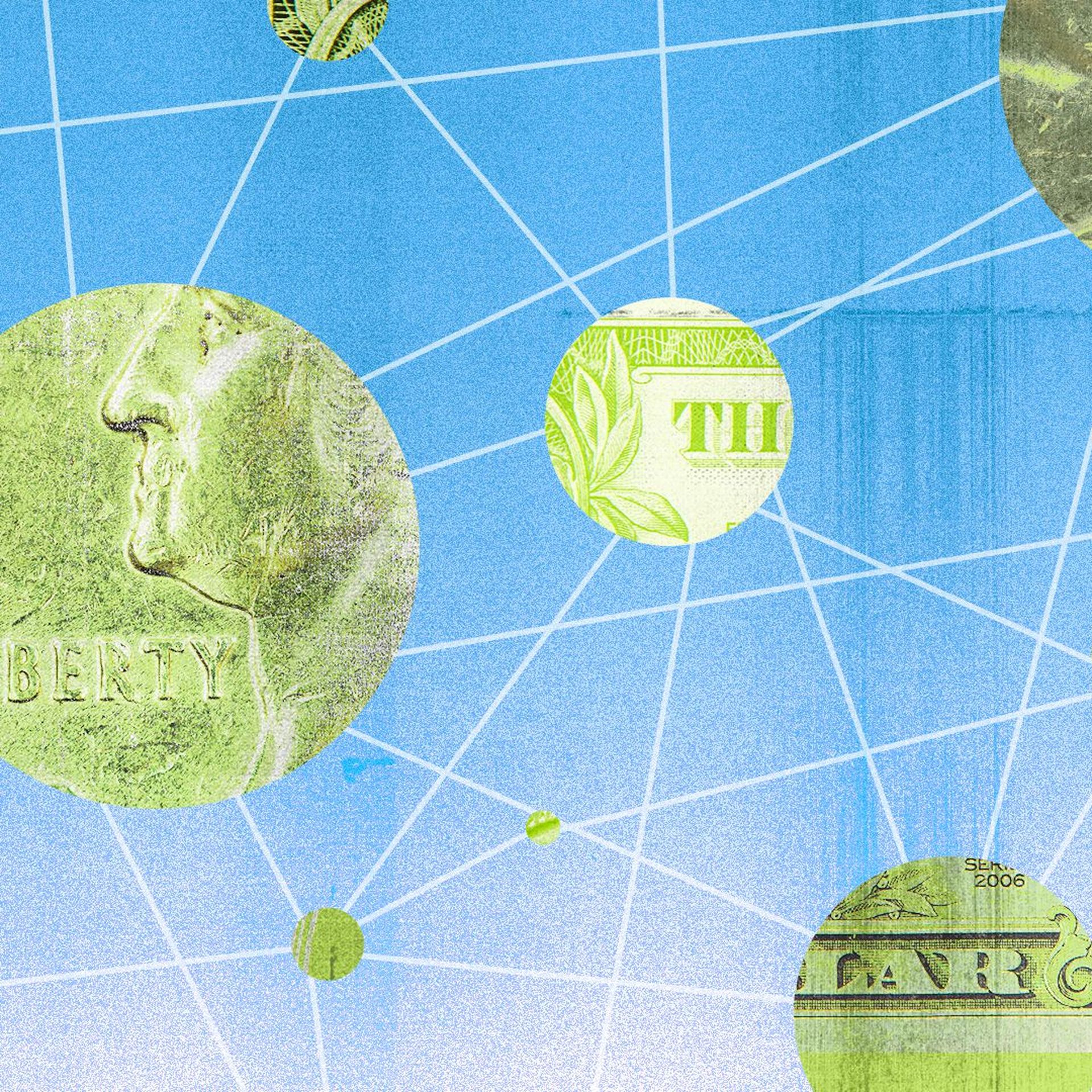 Illustration of a collage of circles made of money forming a decentralized web.