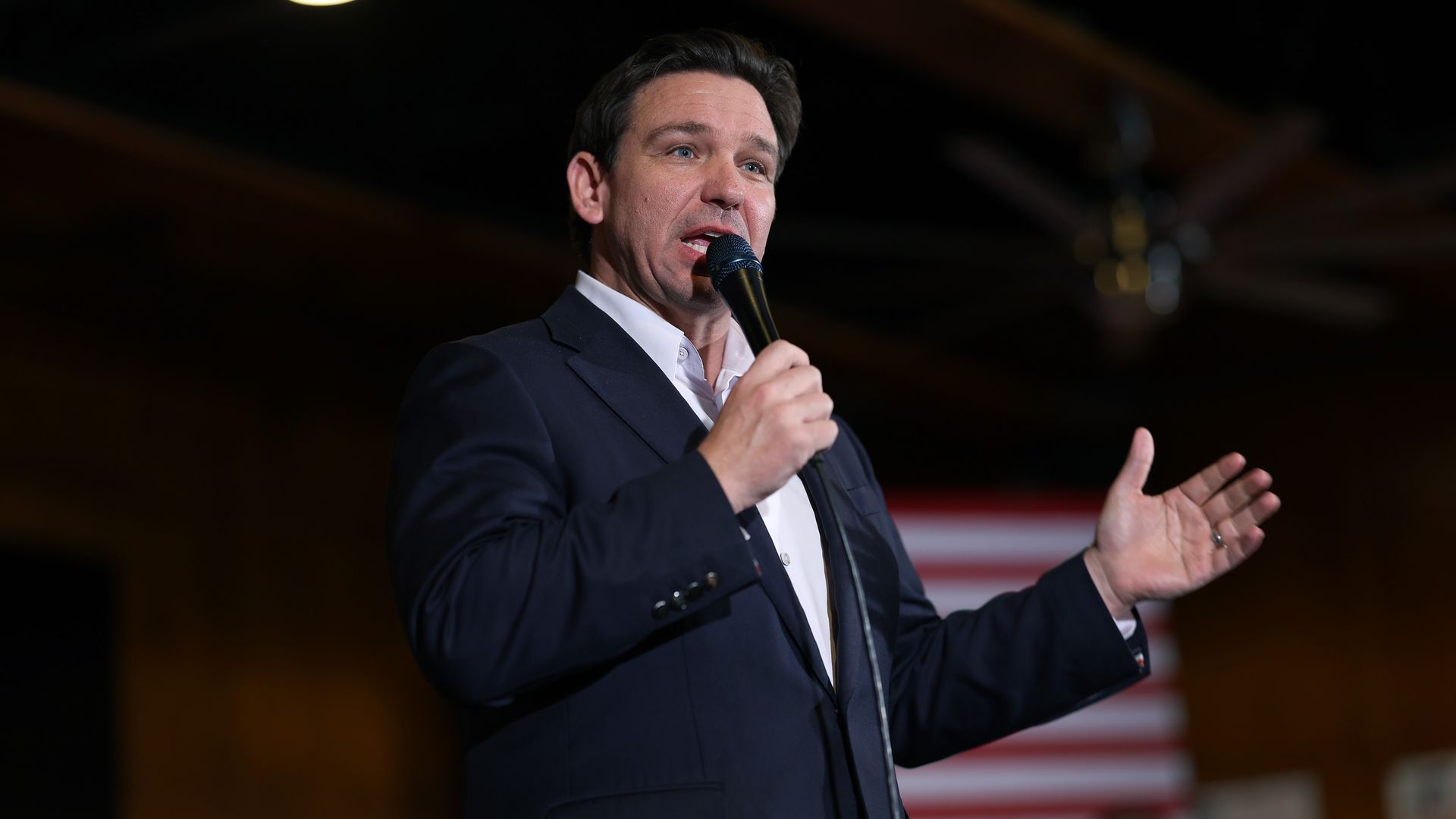 Republican presidential candidate Florida Governor Ron DeSantis speaks at a campaign event at Jethro's BBQ on January 11, 2024 in Ames, Iowa.