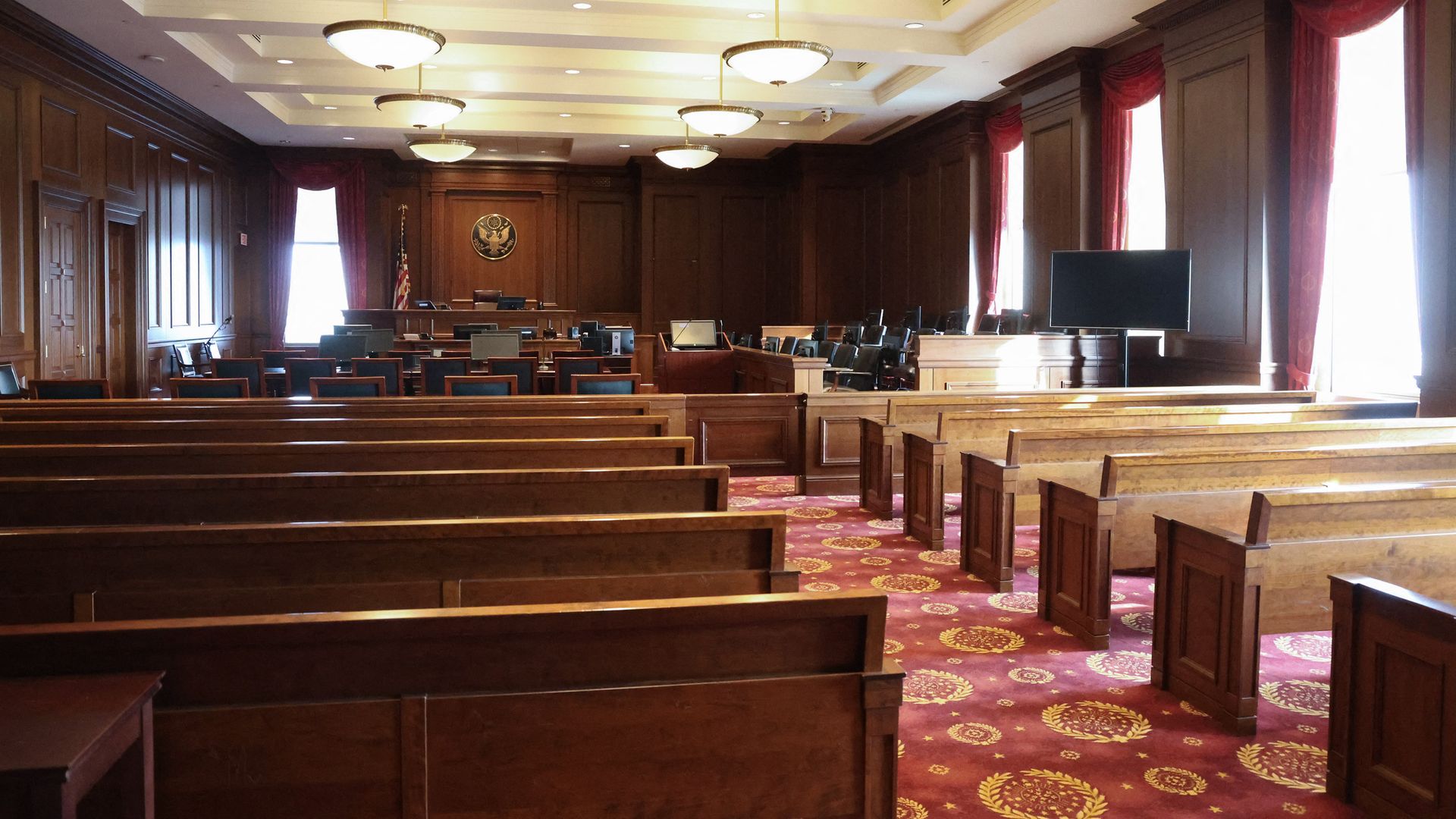 Interior of a federal courtroom inside the Daniel Patrick Moynihan U.S. Courthouse in Manhattan.
