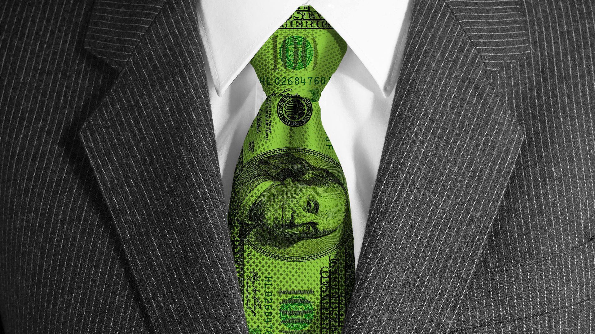 Illustration showing a suit with a tie of a $100 bill.