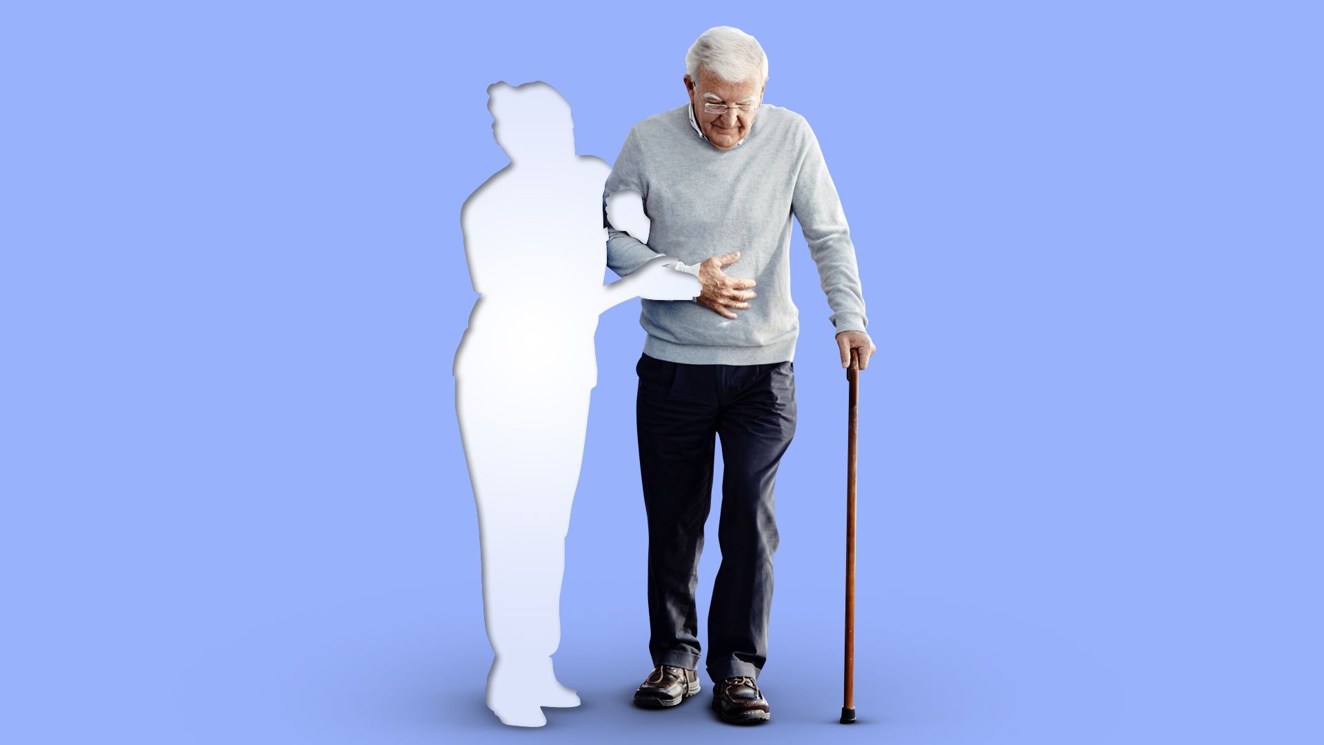 Illustration of an older man walking with a cain assisted by a cutout, empty space for a nurse