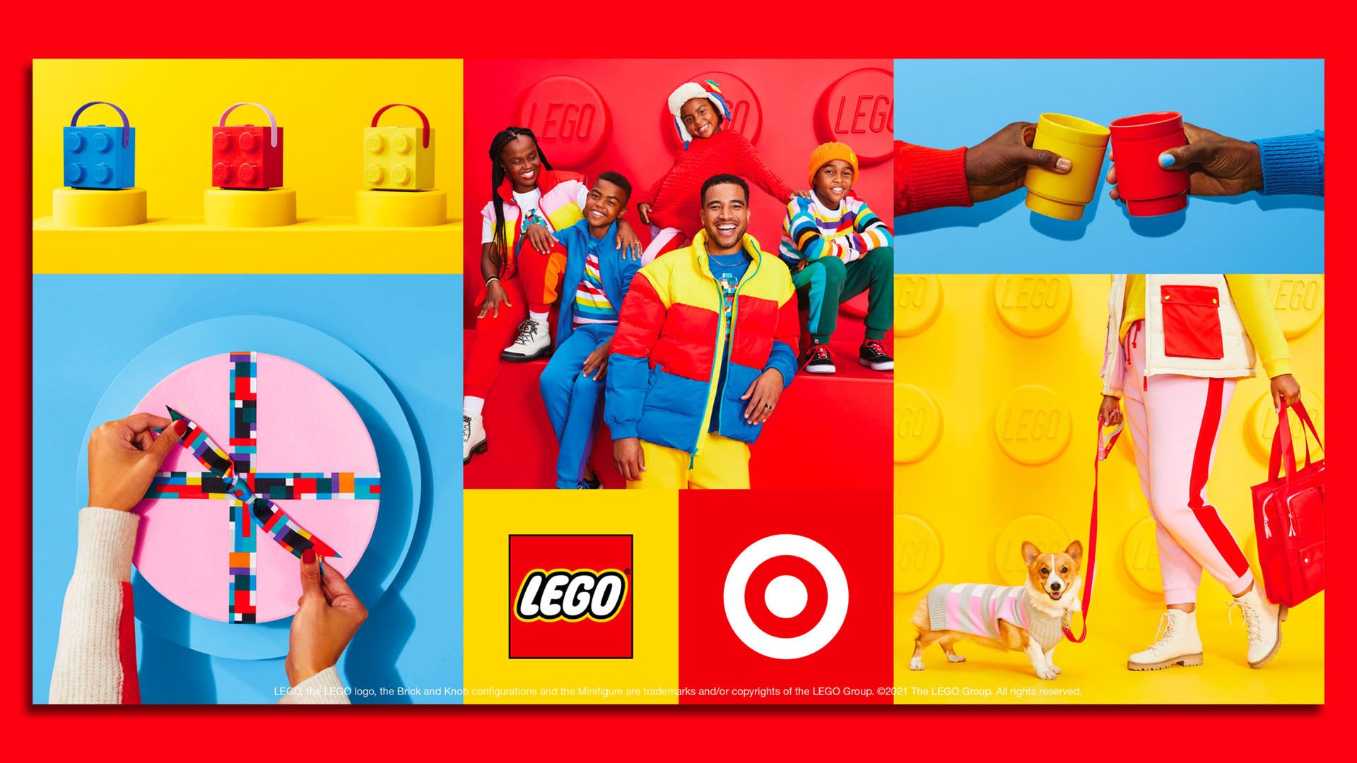 picture of a dog on a leash in front of a bright yellow life size Lego brick and a woman holding his leash from the waist down