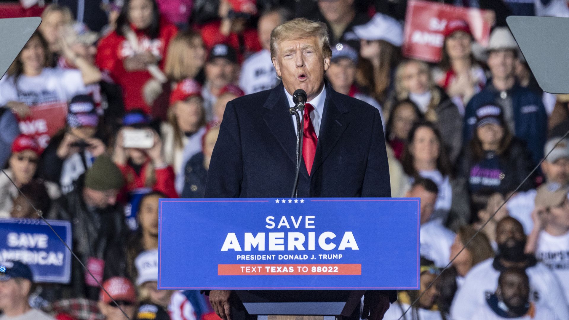 Former President Trump is seen speaking at a rally last Saturday in Conroe, Texas.