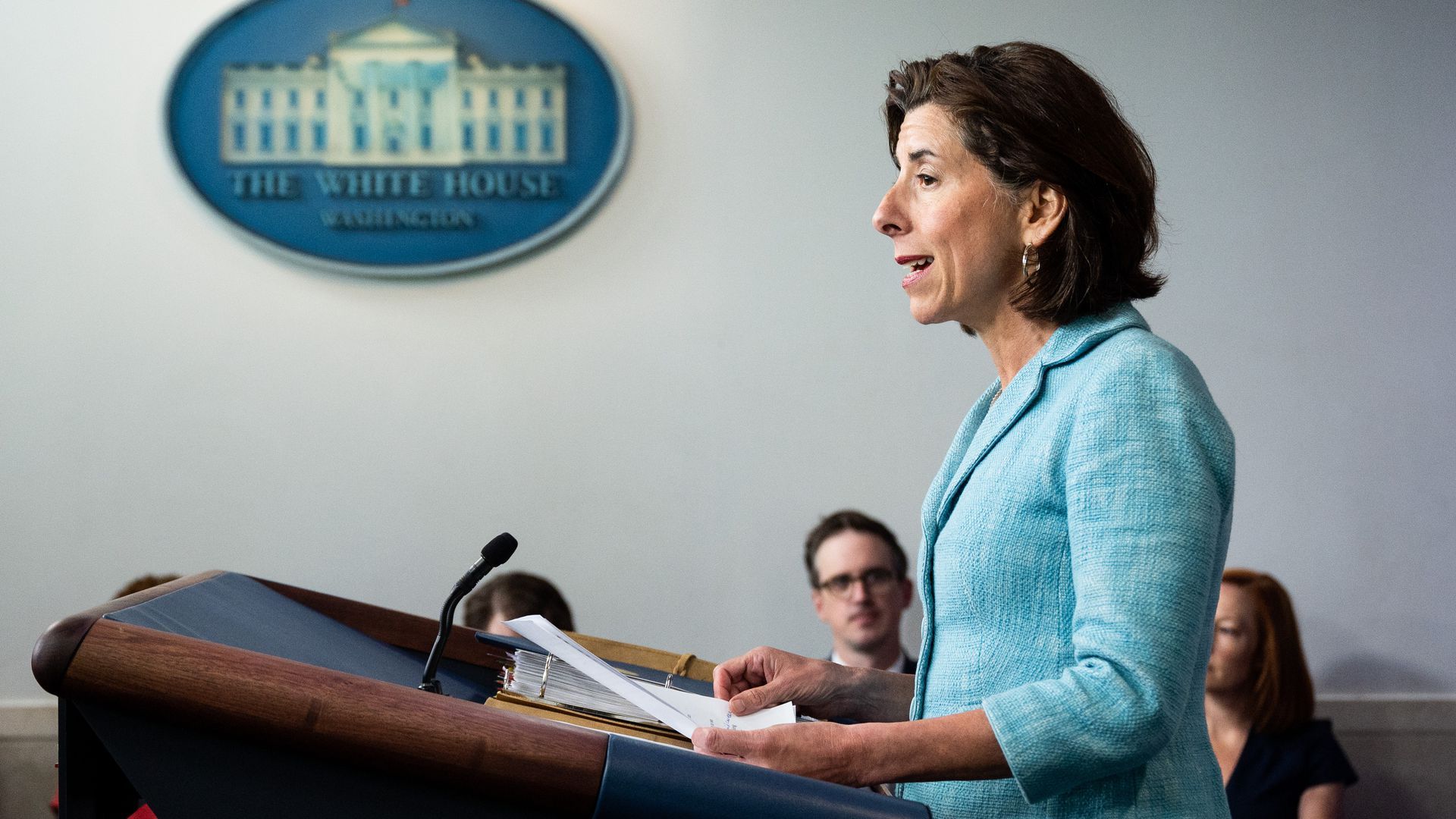 Commerce Secretary Gina Raimondo briefs at the White House in July. Photo: Michael Brochstein/Sipa USA