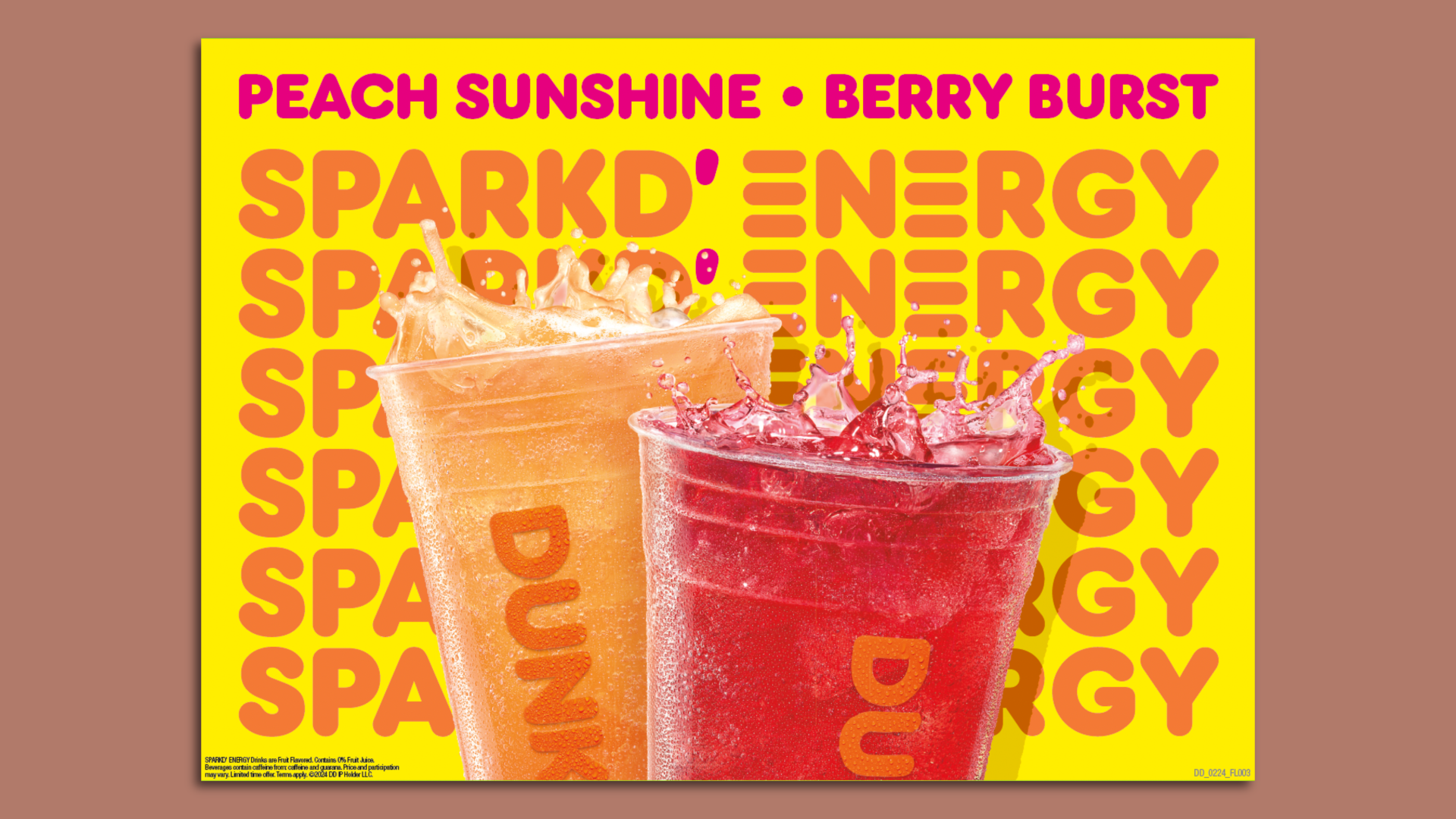 Two Dunkin' cups of SPARKD' Energy drink with words "Peach Sunshine" and "Berry Burst" at top of image